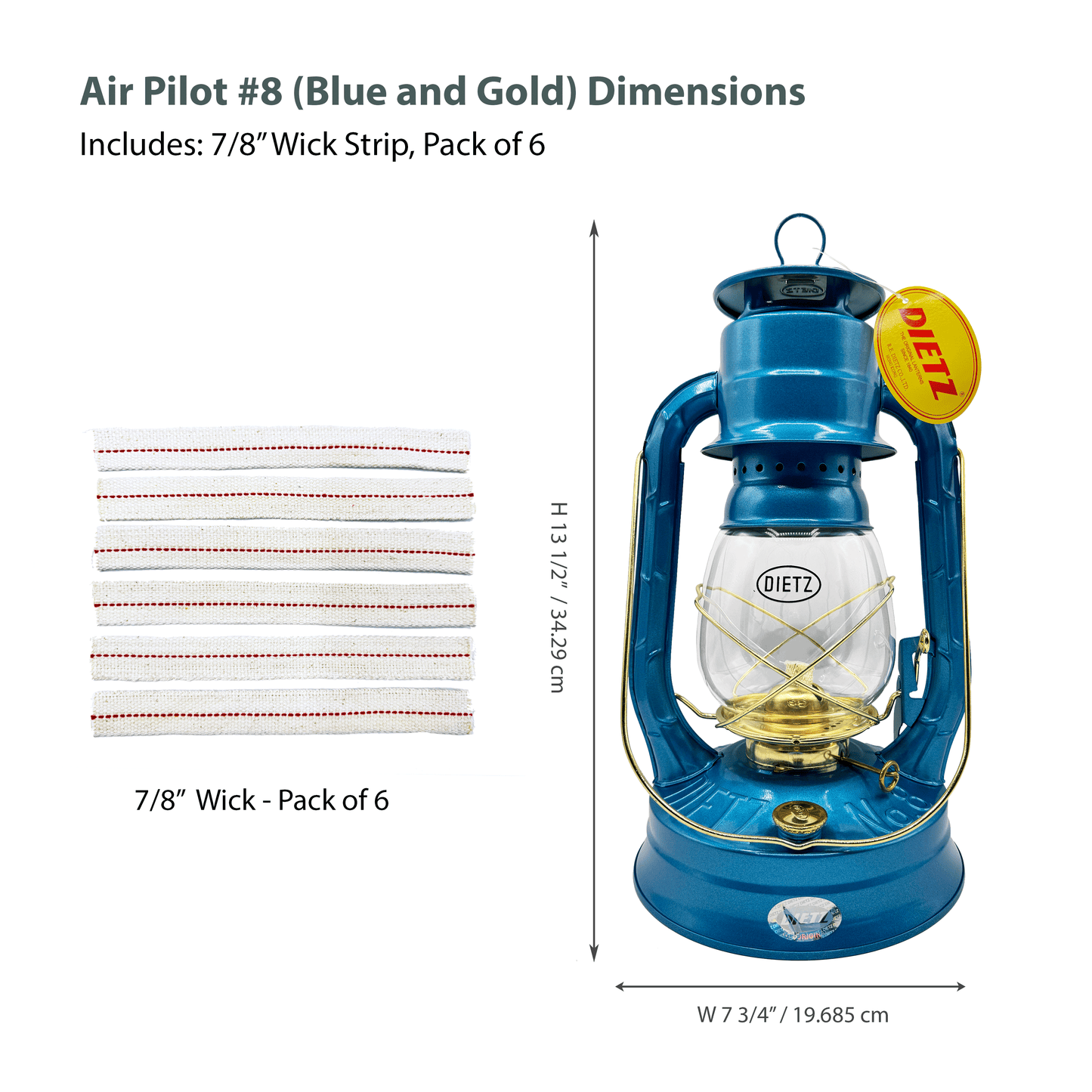Light Of Mine - Dietz #08 Air Pilot Blue with Gold Trim Oil Lantern with Replacement Wick Strips (Blue with Gold Trim)