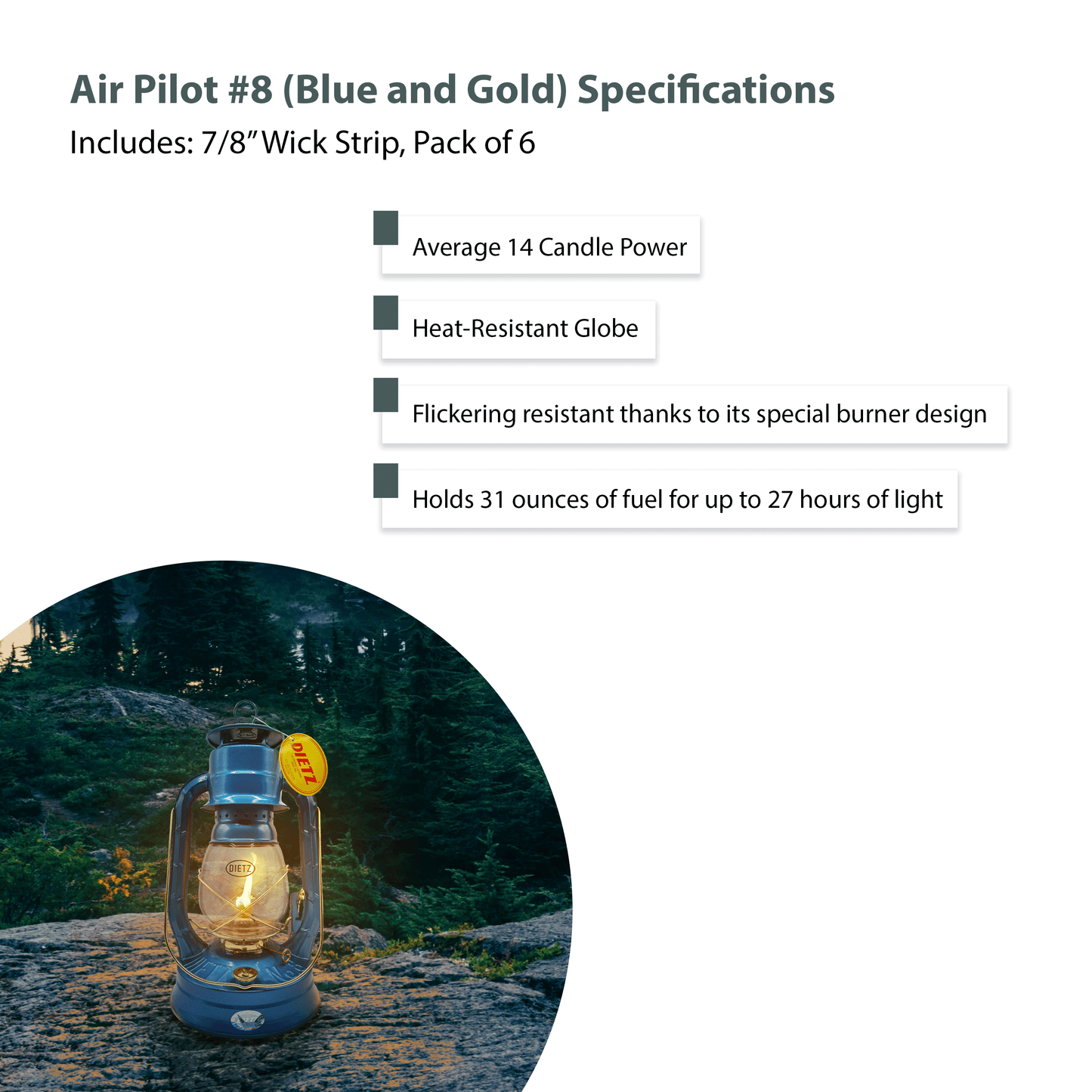 Light Of Mine - Dietz #08 Air Pilot Blue with Gold Trim Oil Lantern with Replacement Wick Strips (Blue with Gold Trim)