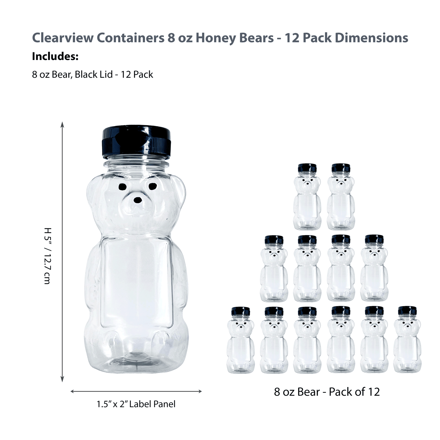 Clearview Containers - 12 Pack of 8 Ounce Honey Bears with Sealable Black Flip Top Lids (8 oz. Bear, 12pk, Black)