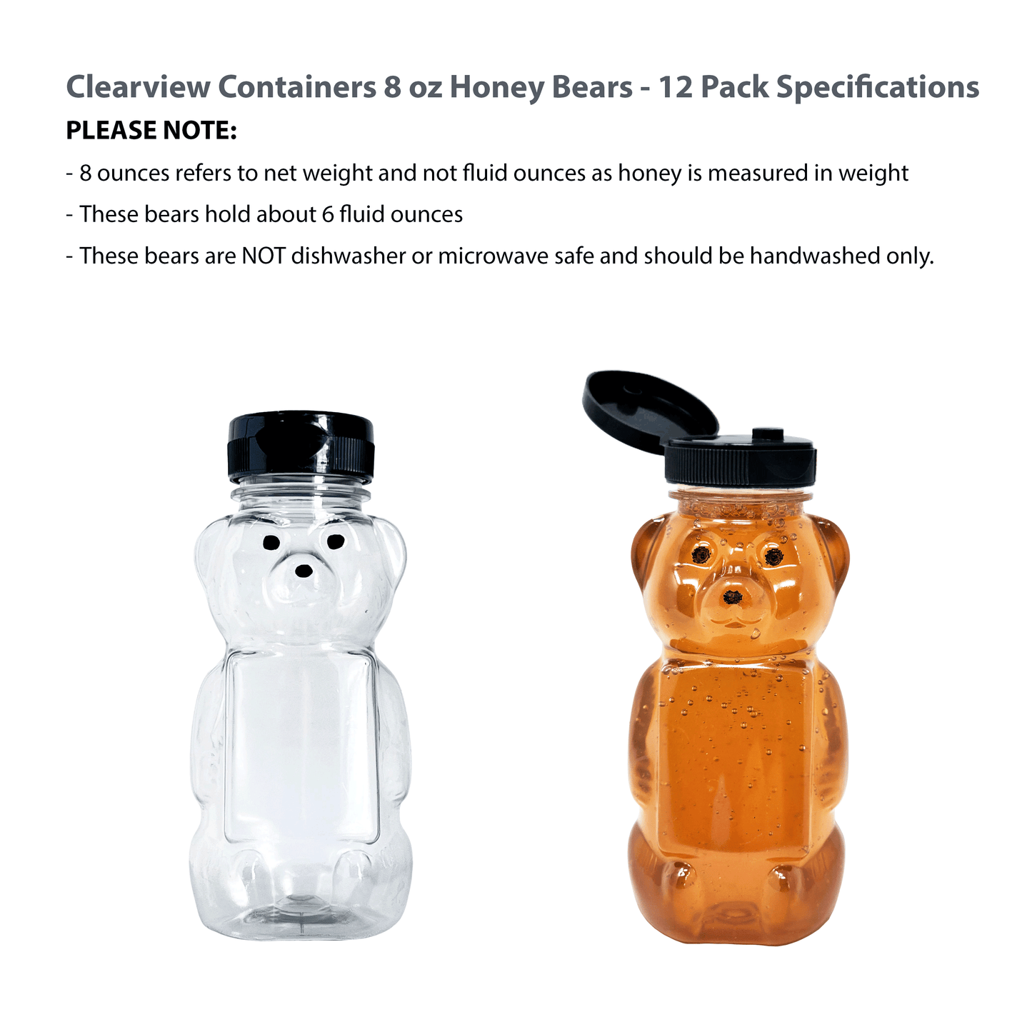 Clearview Containers - 12 Pack of 8 Ounce Honey Bears with Sealable Black Flip Top Lids (8 oz. Bear, 12pk, Black)