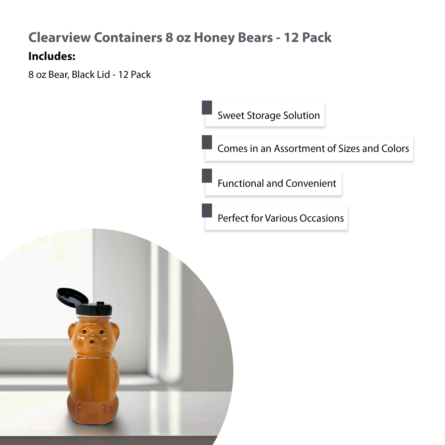 Clearview Containers - 12 Pack of 8 Ounce Honey Bears with Sealable Black Flip Top Lids (8 oz. Bear, 12pk, Black)