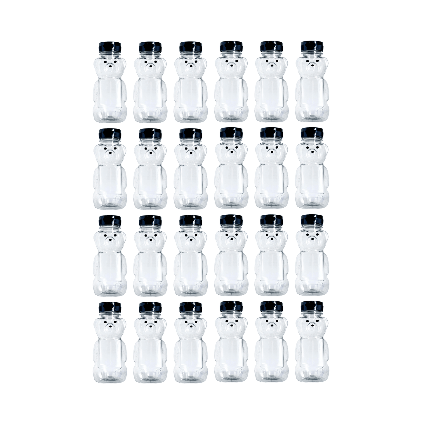 Clearview Containers - 24 Pack of 8 Ounce Honey Bears with Sealable Black Flip Top Lids (8 oz. Bear, 24pk, Black)