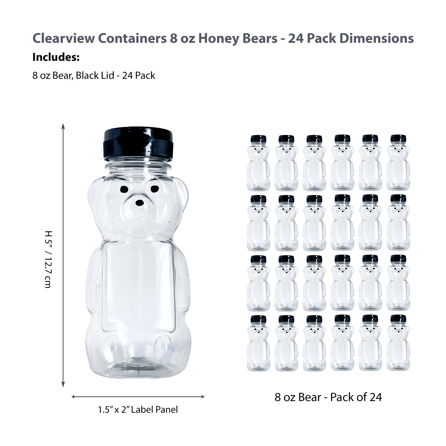 Clearview Containers - 24 Pack of 8 Ounce Honey Bears with Sealable Black Flip Top Lids (8 oz. Bear, 24pk, Black)