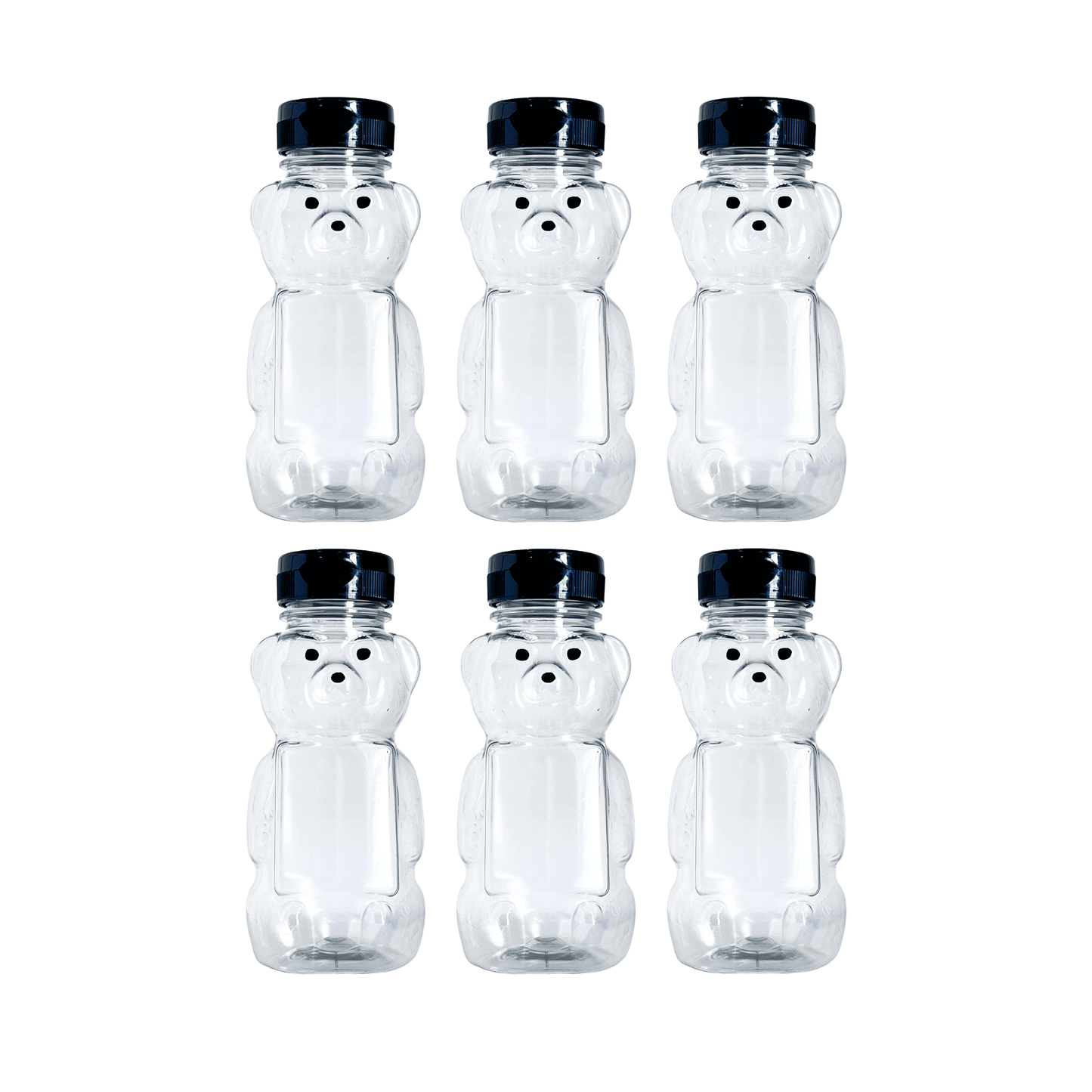 Clearview Containers - 6 Pack of 8 Ounce Honey Bears with Sealable Black Flip Top Lids (8 oz. Bear, 6pk, Black)