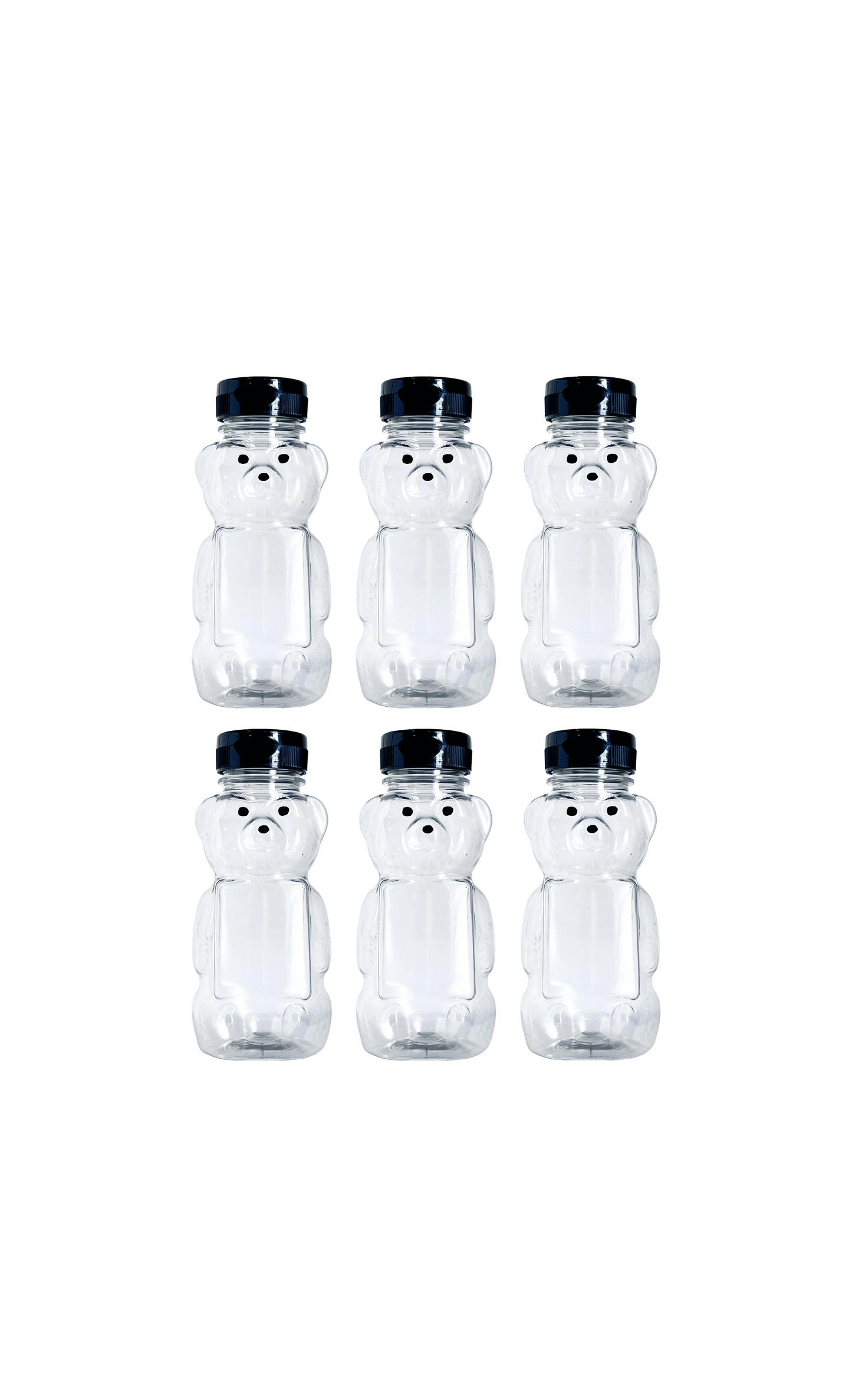 Clearview Containers - 6 Pack of 8 Ounce Honey Bears with Sealable Black Flip Top Lids (8 oz. Bear, 6pk, Black)