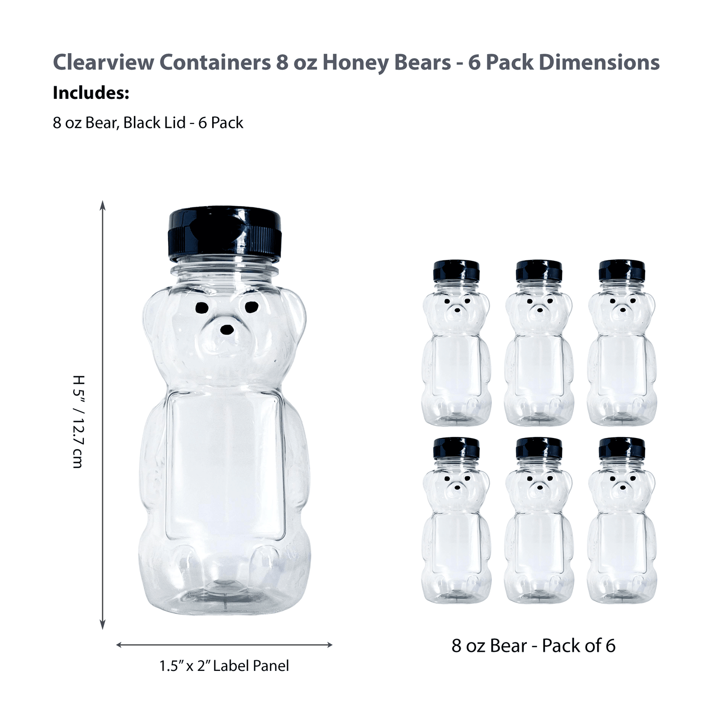 Clearview Containers - 6 Pack of 8 Ounce Honey Bears with Sealable Black Flip Top Lids (8 oz. Bear, 6pk, Black)