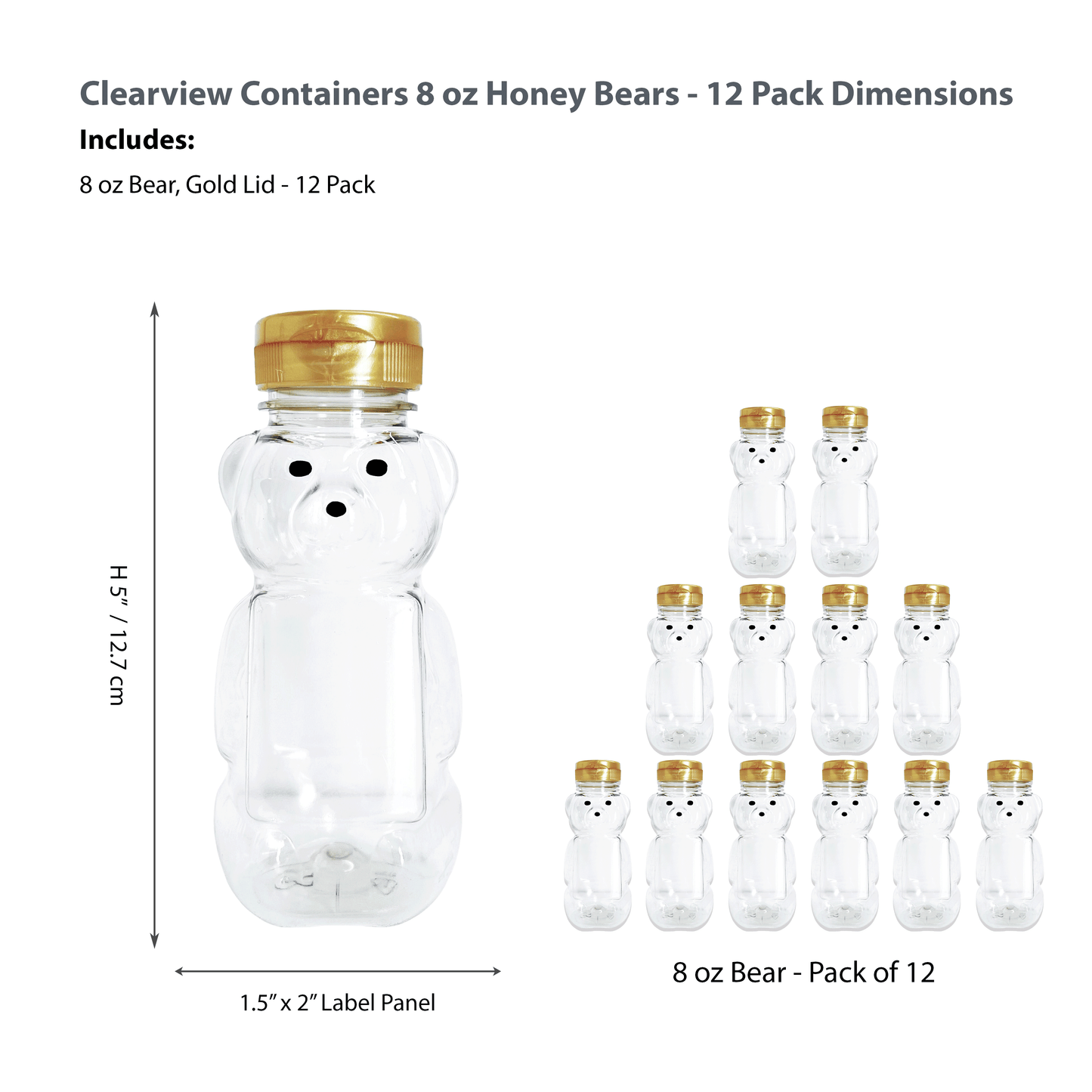 Clearview Containers - 12 Pack of 8 Ounce Honey Bears with Sealable Gold Flip Top Lids (8 oz. Bear, 12pk, Gold)