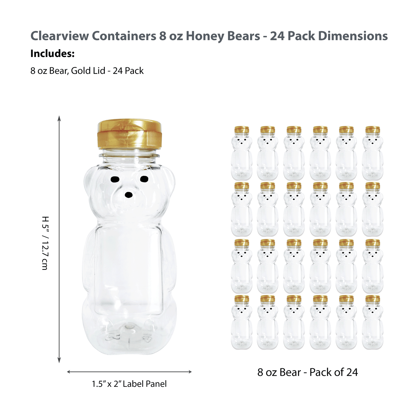 Clearview Containers - 24 Pack of 8 Ounce Honey Bears with Sealable Gold Flip Top Lids (8 oz. Bear, 24pk, Gold)