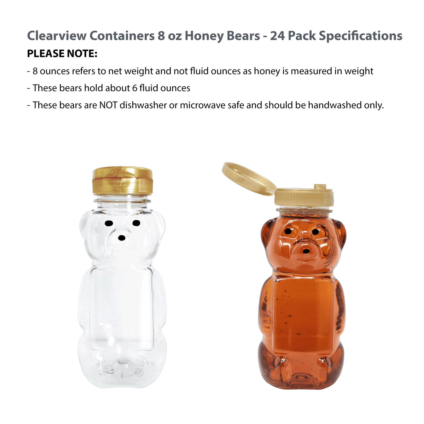 Clearview Containers - 24 Pack of 8 Ounce Honey Bears with Sealable Gold Flip Top Lids (8 oz. Bear, 24pk, Gold)
