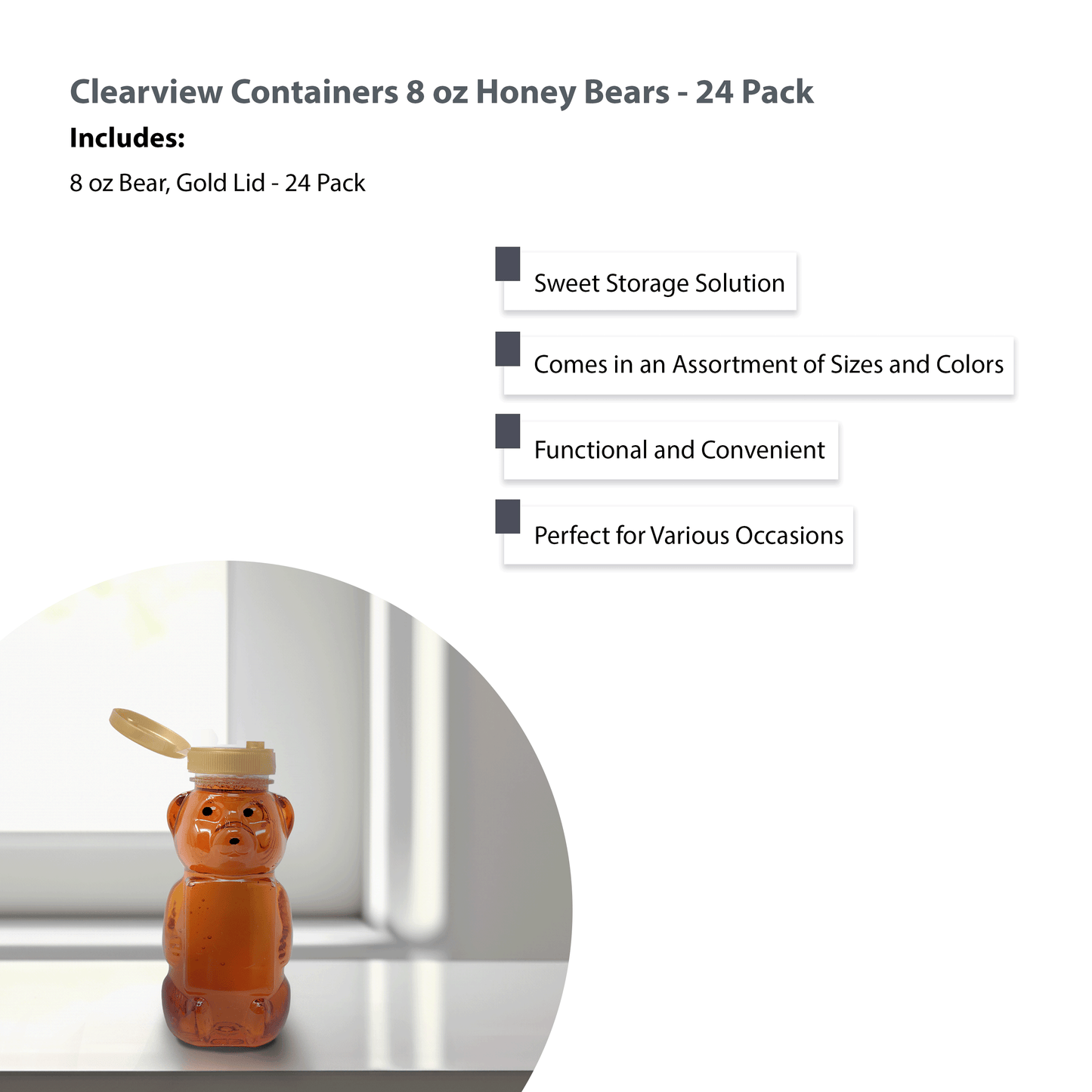 Clearview Containers - 24 Pack of 8 Ounce Honey Bears with Sealable Gold Flip Top Lids (8 oz. Bear, 24pk, Gold)