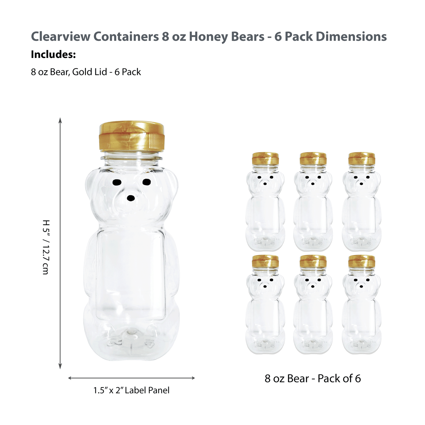Clearview Containers - 6 Pack of 8 Ounce Honey Bears with Sealable Gold Flip Top Lids (8 oz. Bear, 6pk, Gold)