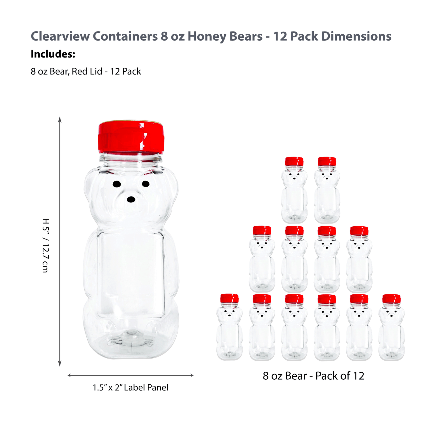 Clearview Containers - 12 Pack of 8 Ounce Honey Bears with Sealable Red Flip Top Lids (8 oz. Bear, 12pk, Red)