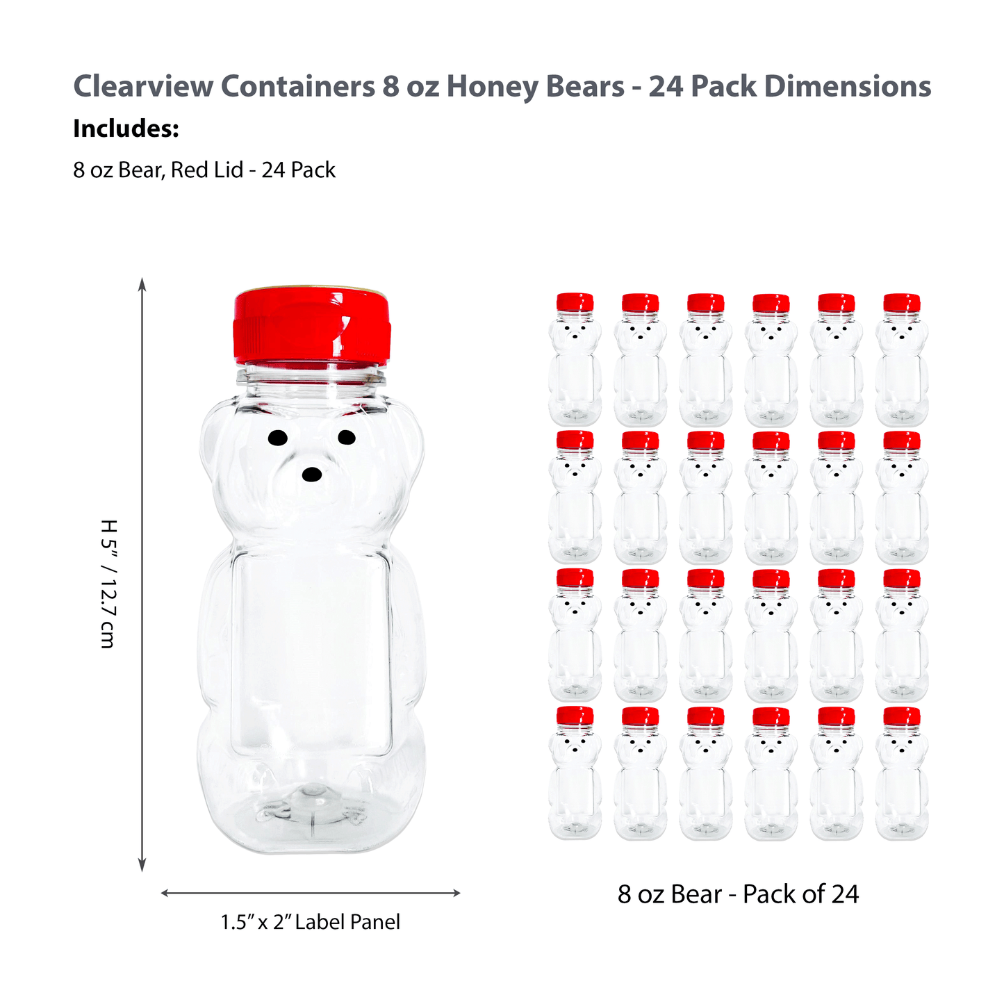 Clearview Containers - 24 Pack of 8 Ounce Honey Bears with Sealable Red Flip Top Lids (8 oz. Bear, 24pk, Red)