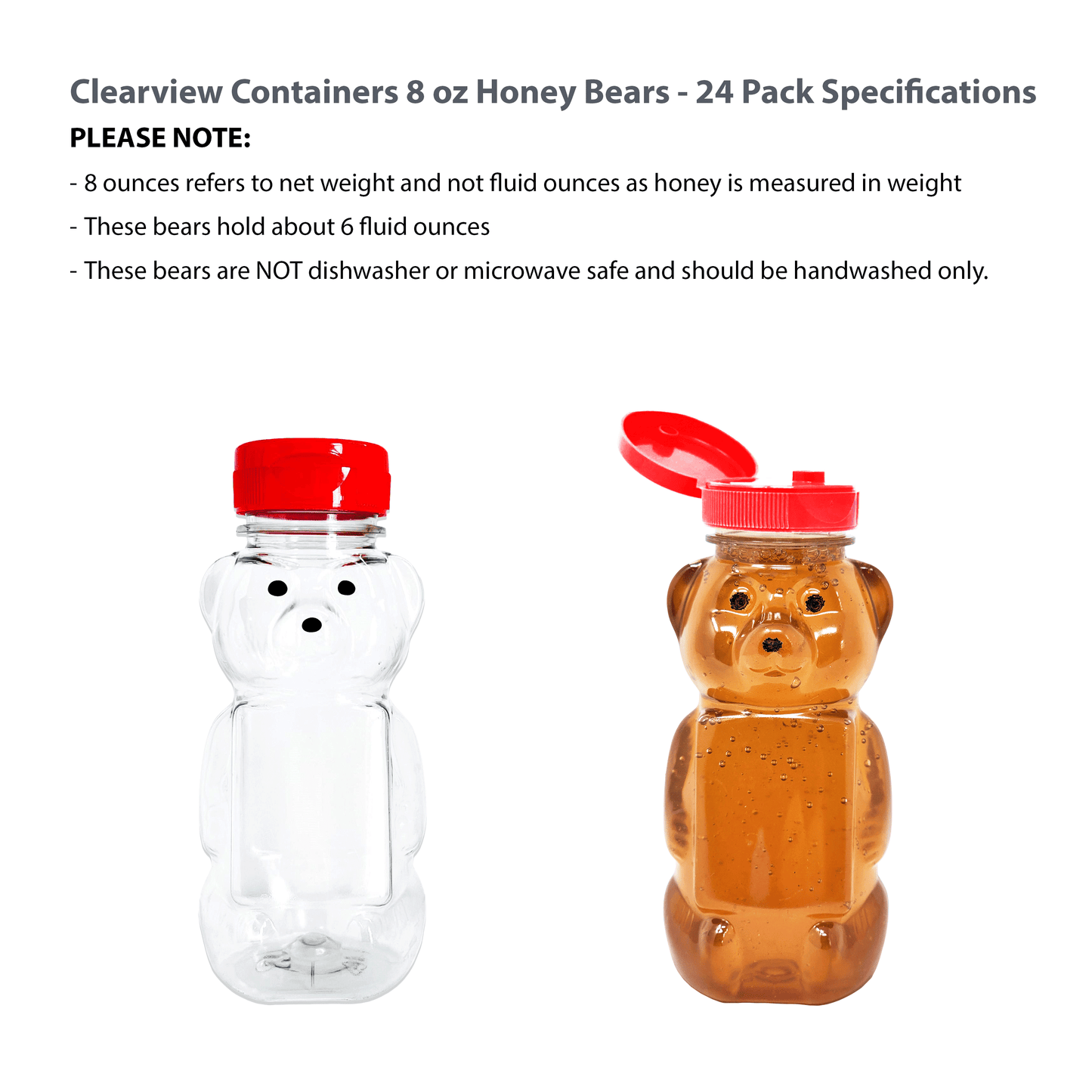 Clearview Containers - 24 Pack of 8 Ounce Honey Bears with Sealable Red Flip Top Lids (8 oz. Bear, 24pk, Red)