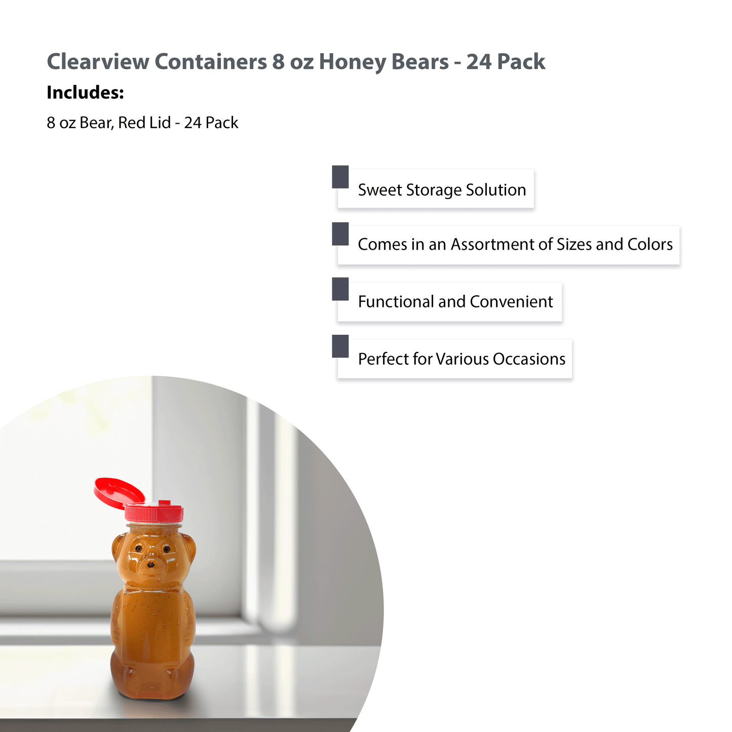 Clearview Containers - 24 Pack of 8 Ounce Honey Bears with Sealable Red Flip Top Lids (8 oz. Bear, 24pk, Red)