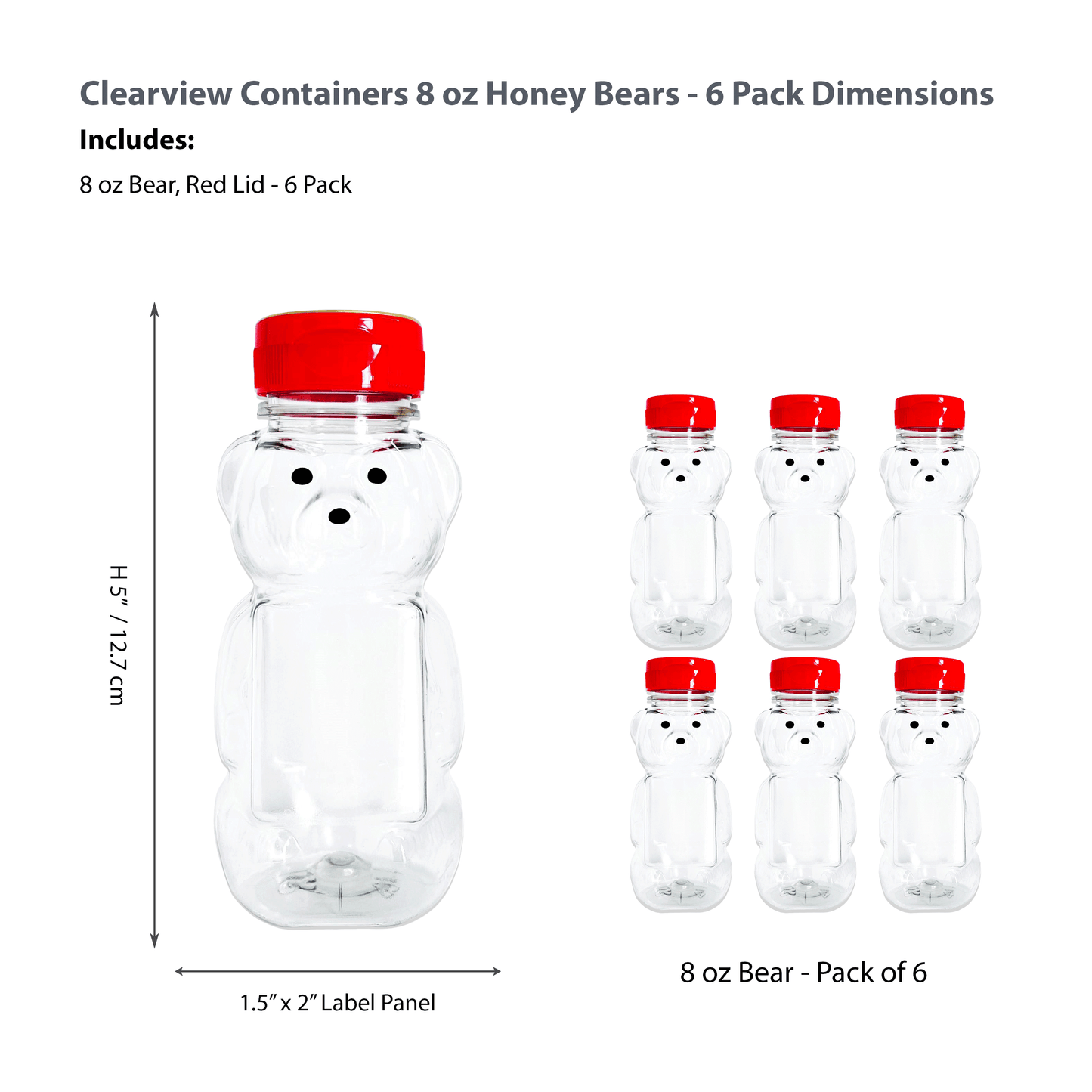 Clearview Containers - 6 Pack of 8 Ounce Honey Bears with Sealable Red Flip Top Lids (8 oz. Bear, 6pk, Red)
