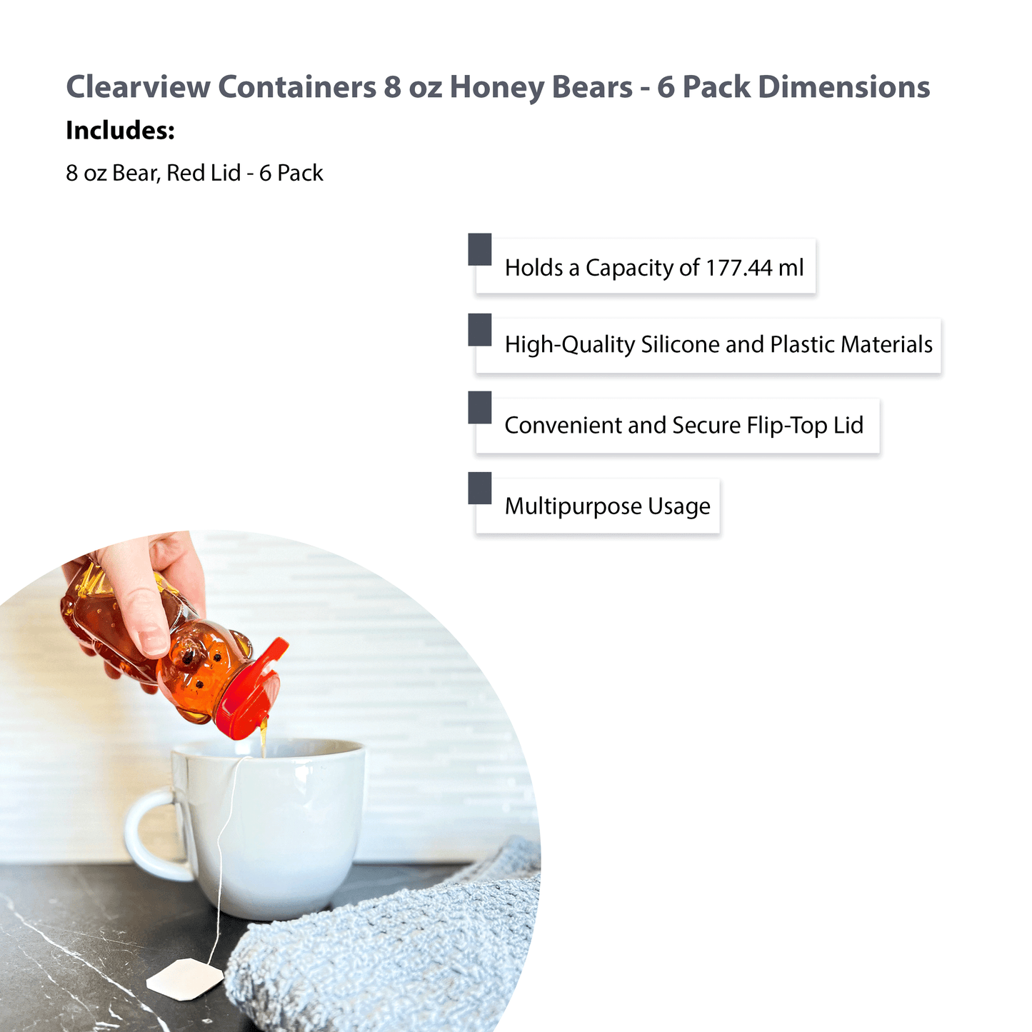 Clearview Containers - 6 Pack of 8 Ounce Honey Bears with Sealable Red Flip Top Lids (8 oz. Bear, 6pk, Red)