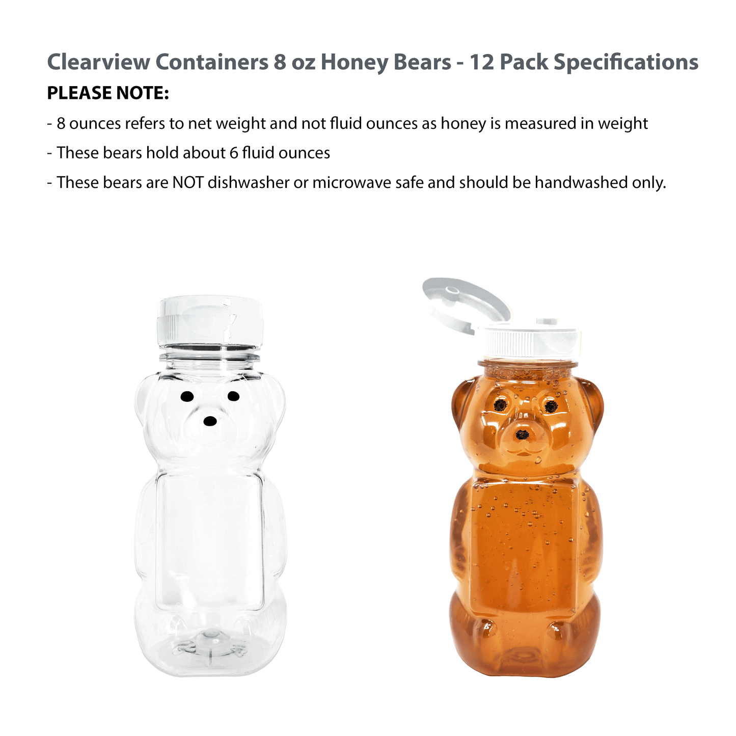 Clearview Containers - 12 Pack of 8 Ounce Honey Bears with Sealable White Flip Top Lids (8 oz. Bear, 12pk, White)