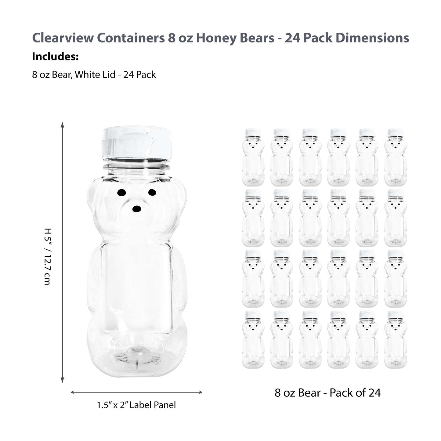Clearview Containers - 24 Pack of 8 Ounce Honey Bears with Sealable White Flip Top Lids (8 oz. Bear, 24pk, White)
