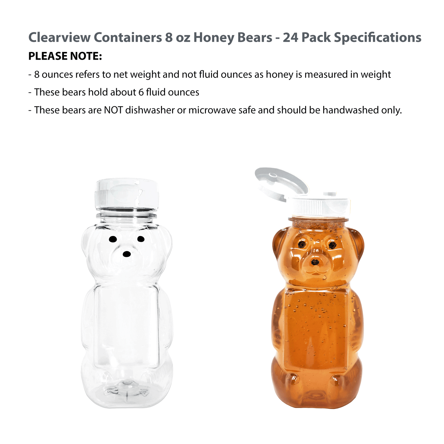 Clearview Containers - 24 Pack of 8 Ounce Honey Bears with Sealable White Flip Top Lids (8 oz. Bear, 24pk, White)