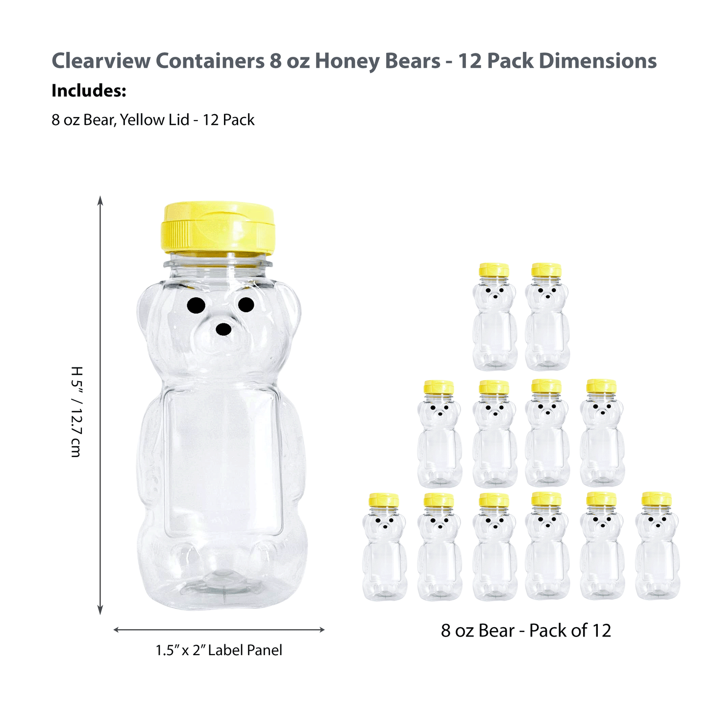 Clearview Containers - 12 Pack of 8 Ounce Honey Bears with Sealable Yellow Flip Top Lids (8 oz. Bear, 12pk, Yellow)