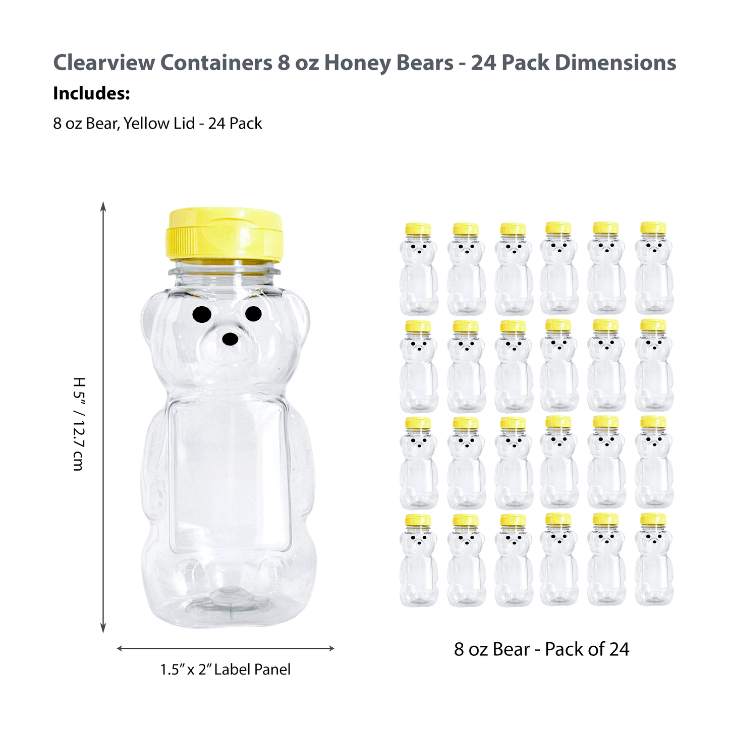 Clearview Containers - 24 Pack of 8 Ounce Honey Bears with Sealable Yellow Flip Top Lids (8 oz. Bear, 24pk, Yellow)