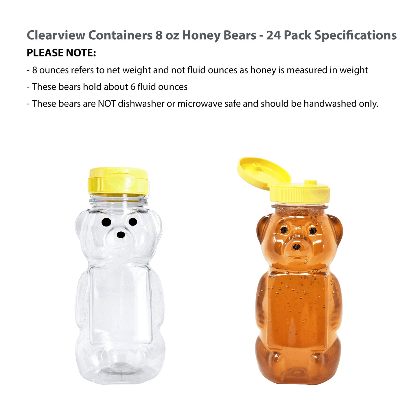 Clearview Containers - 24 Pack of 8 Ounce Honey Bears with Sealable Yellow Flip Top Lids (8 oz. Bear, 24pk, Yellow)