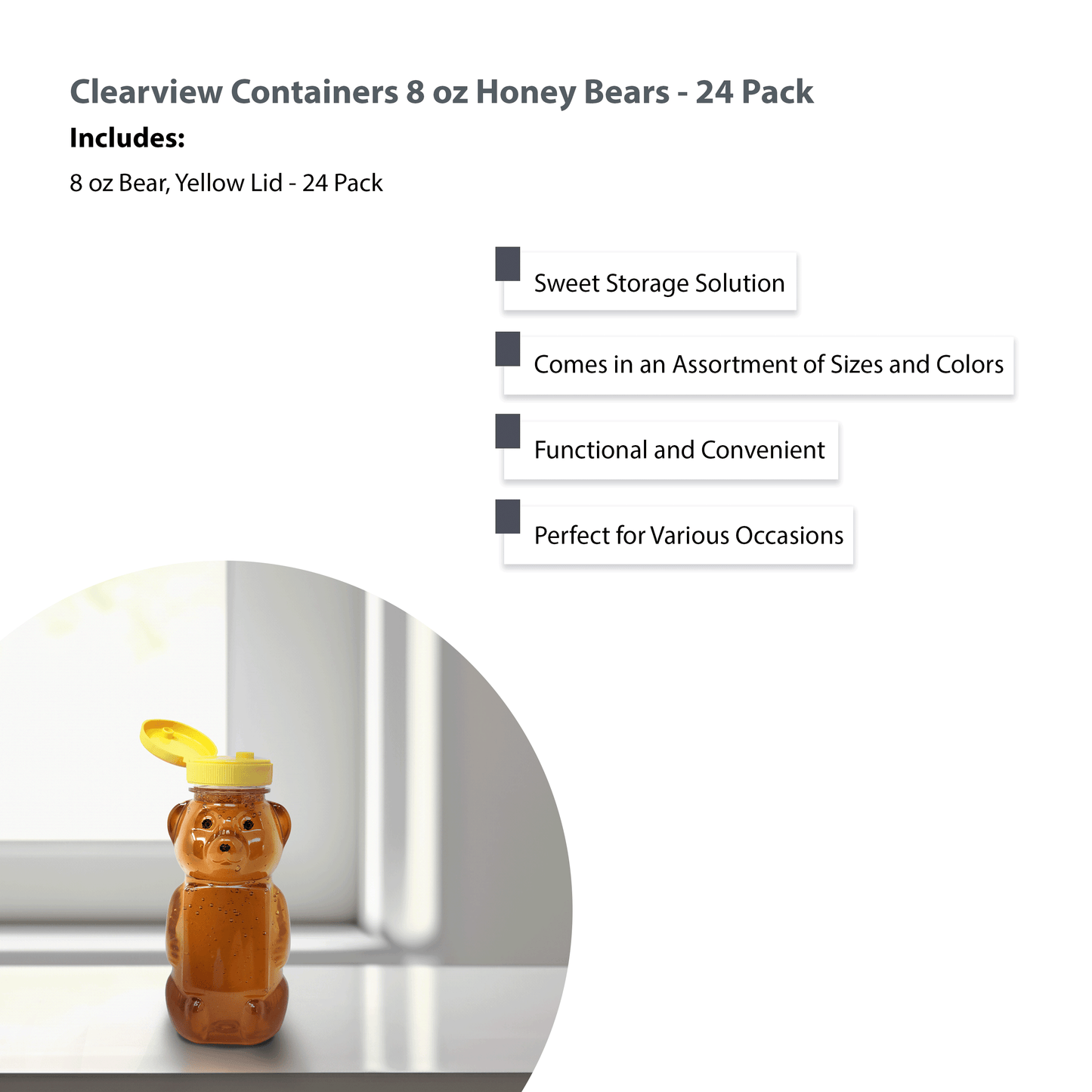 Clearview Containers - 24 Pack of 8 Ounce Honey Bears with Sealable Yellow Flip Top Lids (8 oz. Bear, 24pk, Yellow)