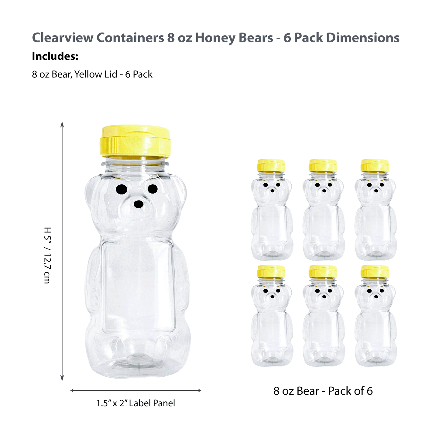 Clearview Containers - 6 Pack of 8 Ounce Honey Bears with Sealable Yellow Flip Top Lids (8 oz. Bear, 6pk, Yellow)