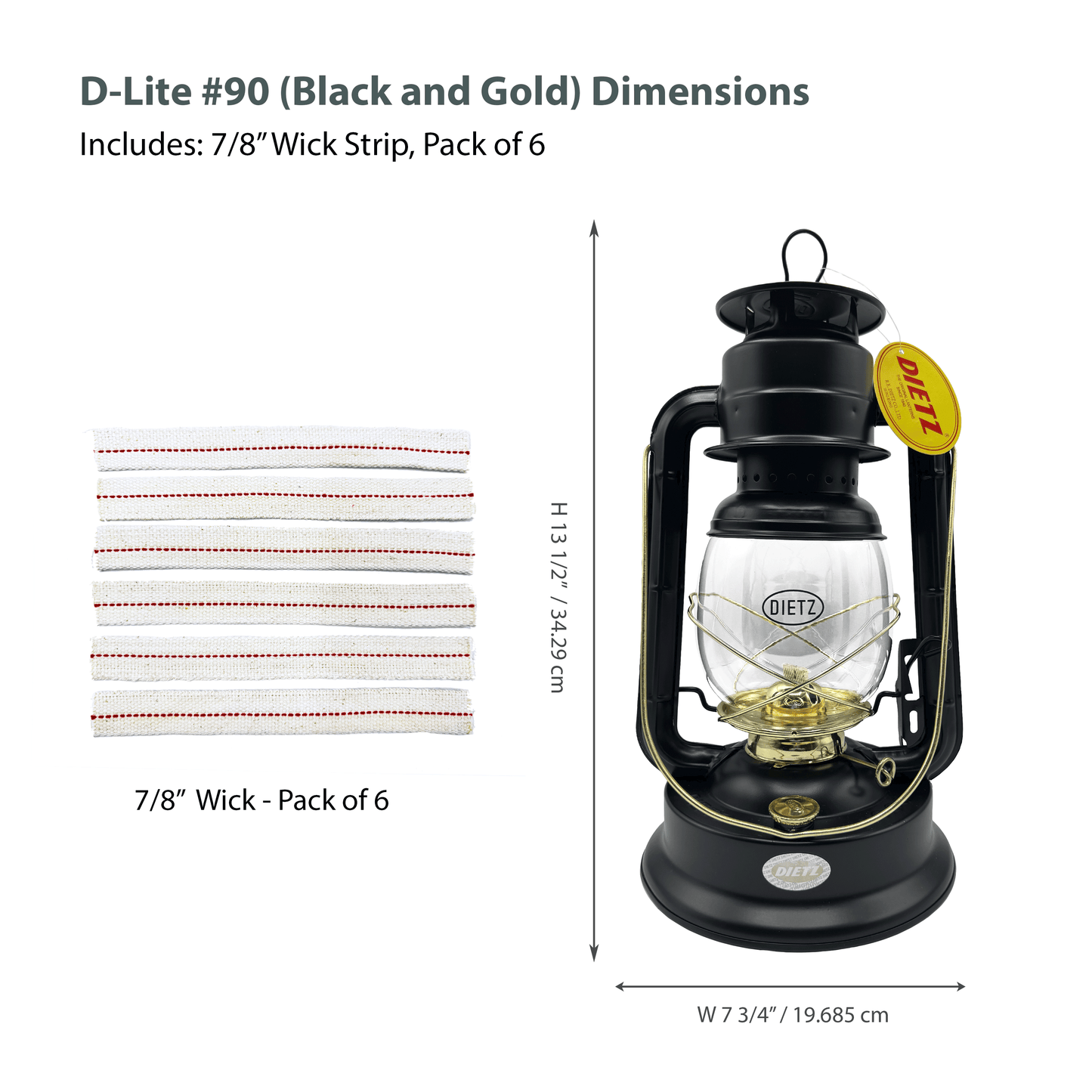 Light Of Mine - Dietz #90 D-Lite Black with Gold Trim Oil Lantern with 7/8" Replacement Wick Strips (Black with Gold Trim)