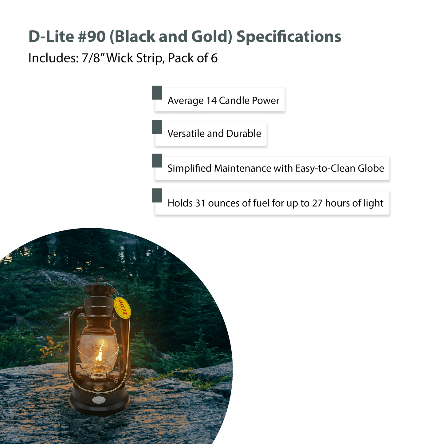 Light Of Mine - Dietz #90 D-Lite Black with Gold Trim Oil Lantern with 7/8" Replacement Wick Strips (Black with Gold Trim)