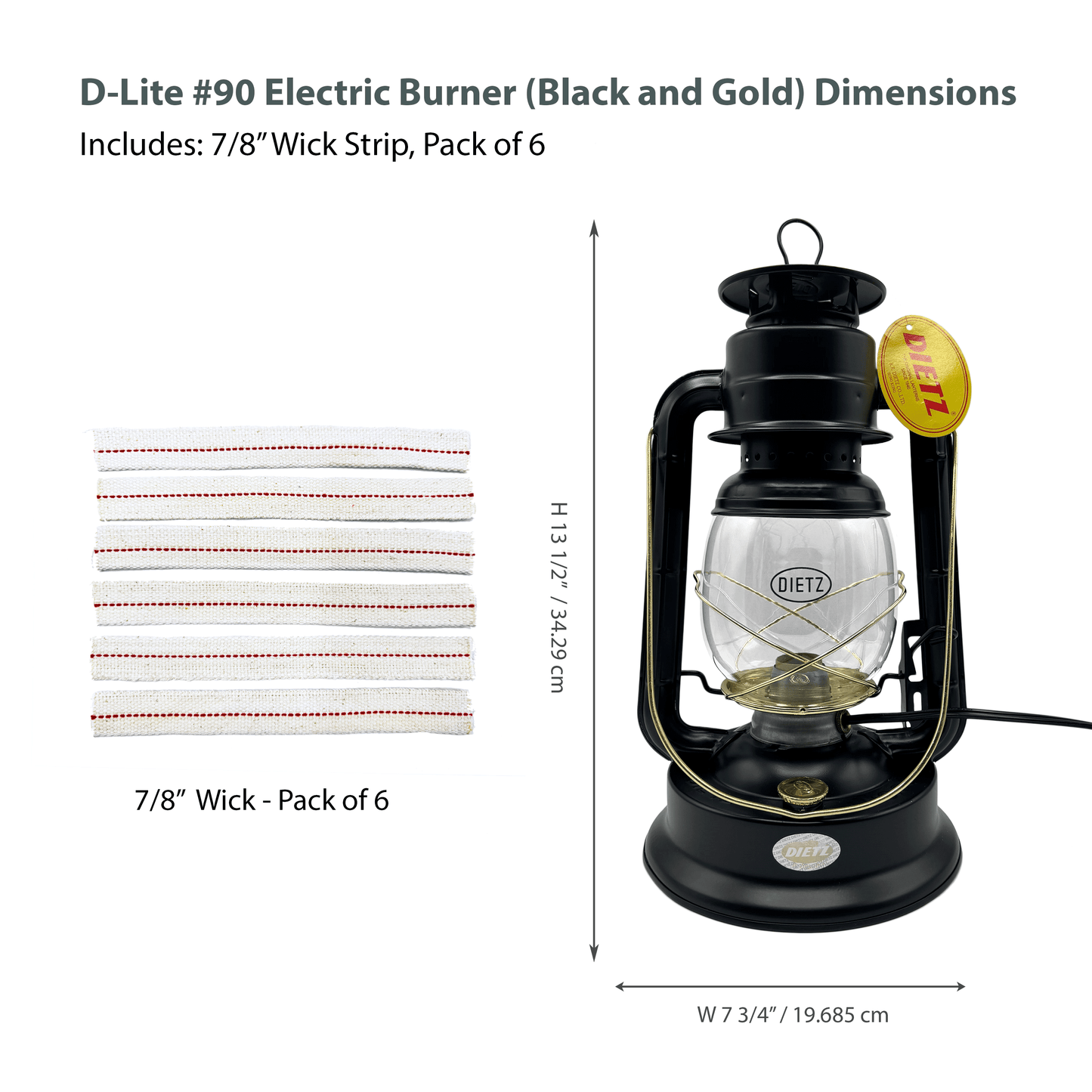 Light Of Mine - Dietz #90 D-Lite Black with Gold Trim Oil Lantern with 7/8" Replacement Wick Strips and Conversion Kit for Electric Burner (B & G, Electric)