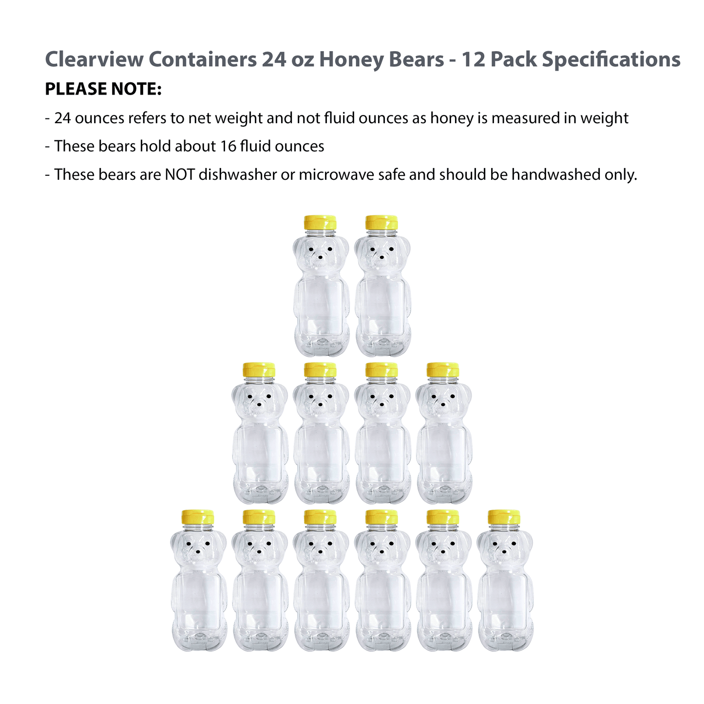 Clearview Containers - 12 Pack of 24 Ounce Honey Bears with Sealable Yellow Flip Top Lids (24 oz. Bear, 12pk, Yellow)