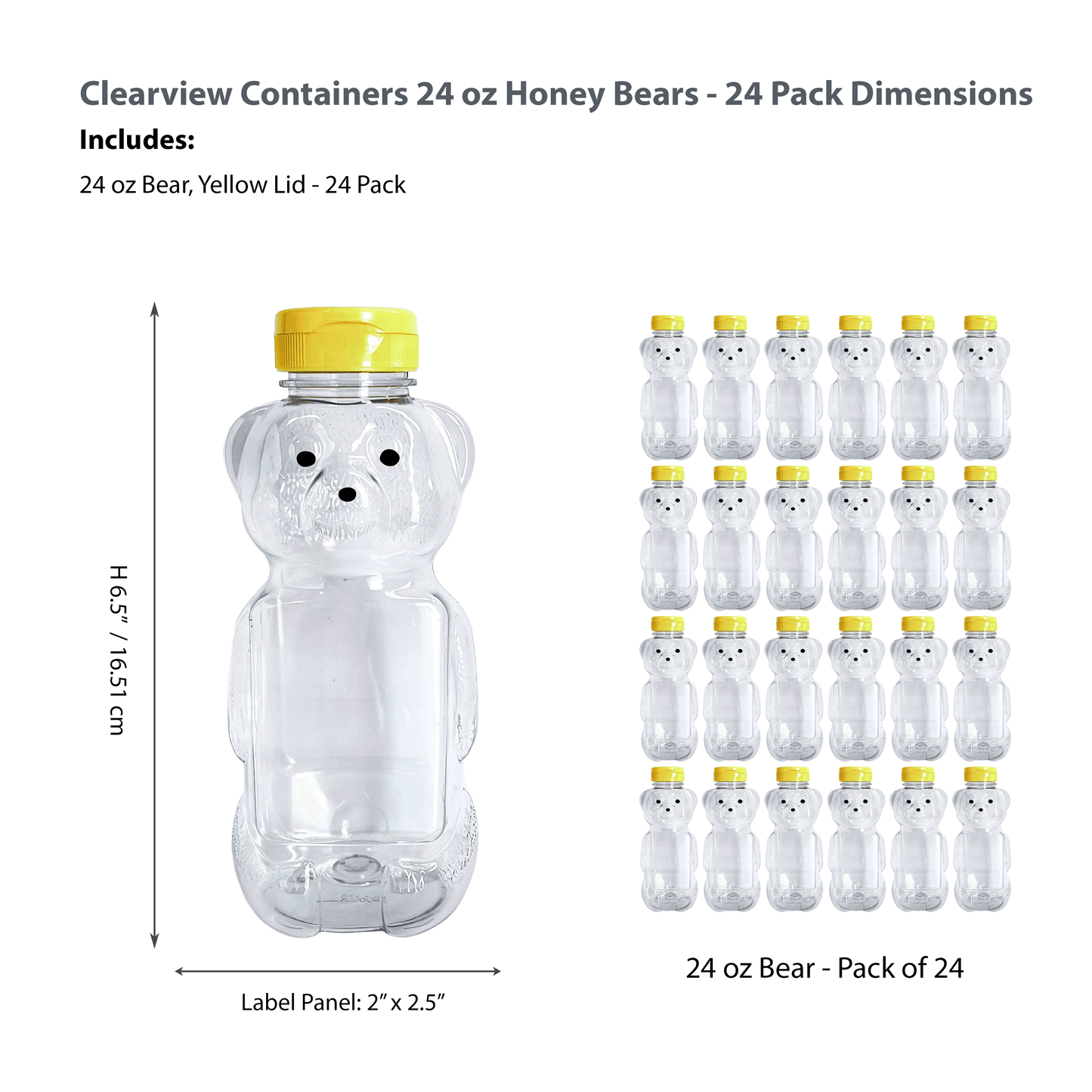 Clearview Containers - 24 Pack of 24 Ounce Honey Bears with Sealable Yellow Flip Top Lids (24 oz. Bear, 24pk, Yellow)