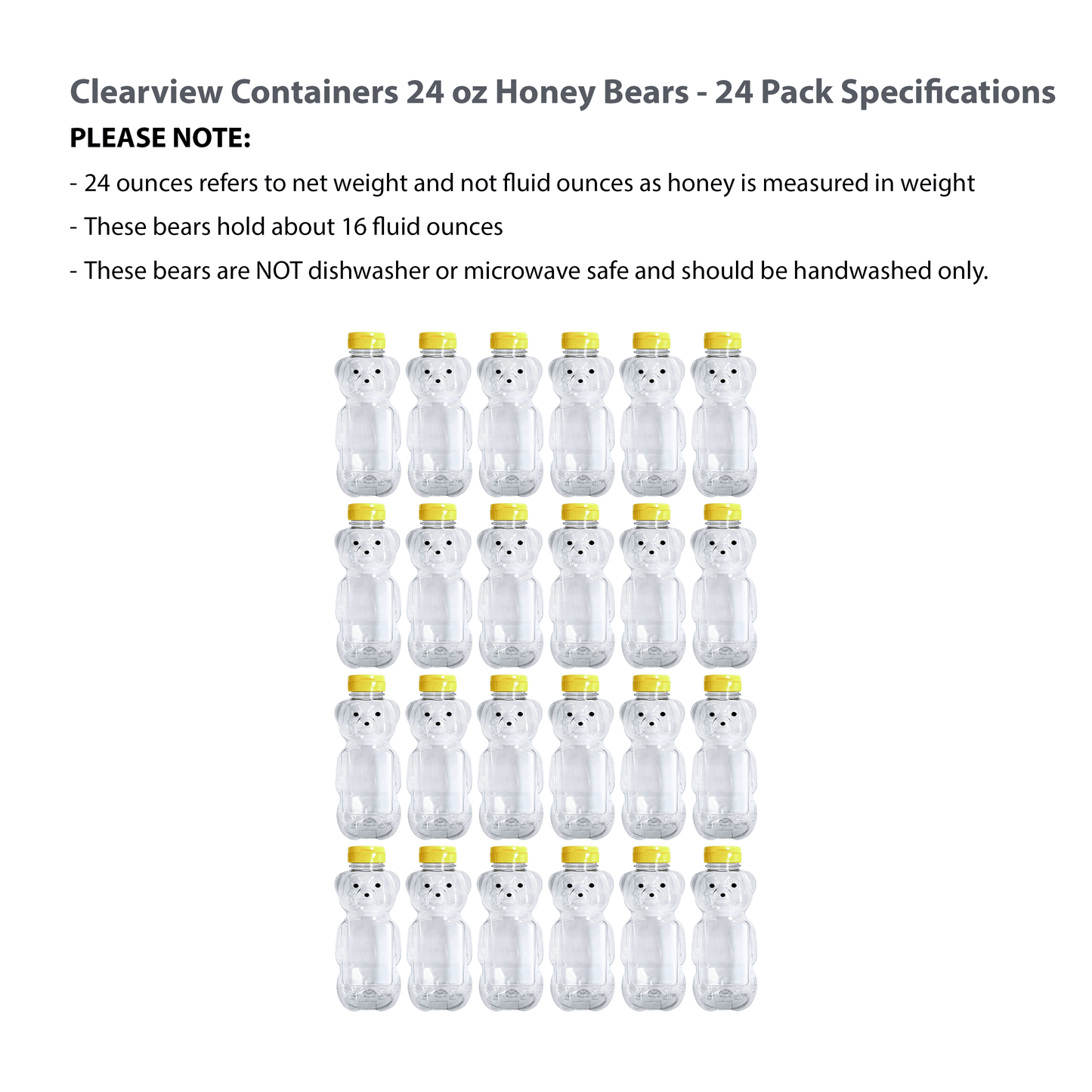 Clearview Containers - 24 Pack of 24 Ounce Honey Bears with Sealable Yellow Flip Top Lids (24 oz. Bear, 24pk, Yellow)