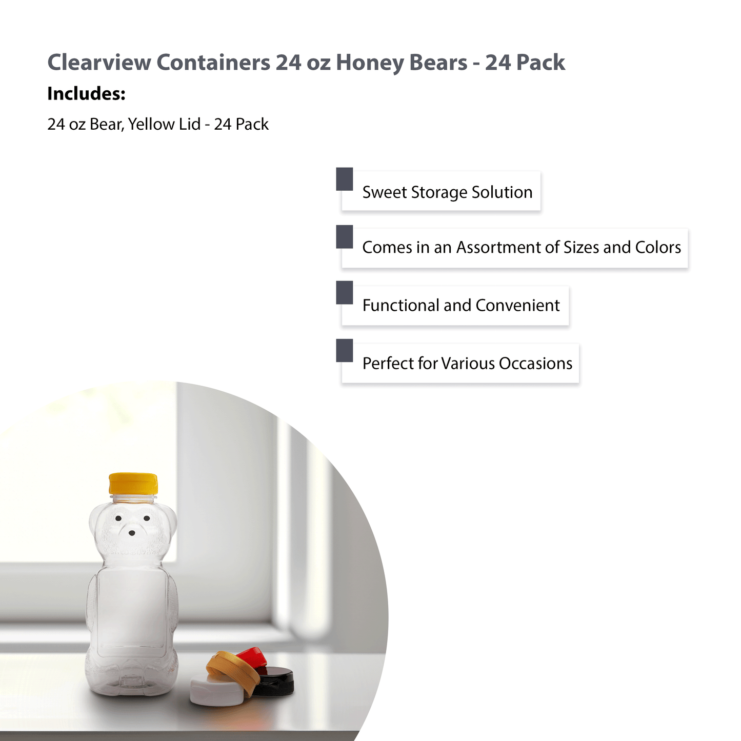 Clearview Containers - 24 Pack of 24 Ounce Honey Bears with Sealable Yellow Flip Top Lids (24 oz. Bear, 24pk, Yellow)