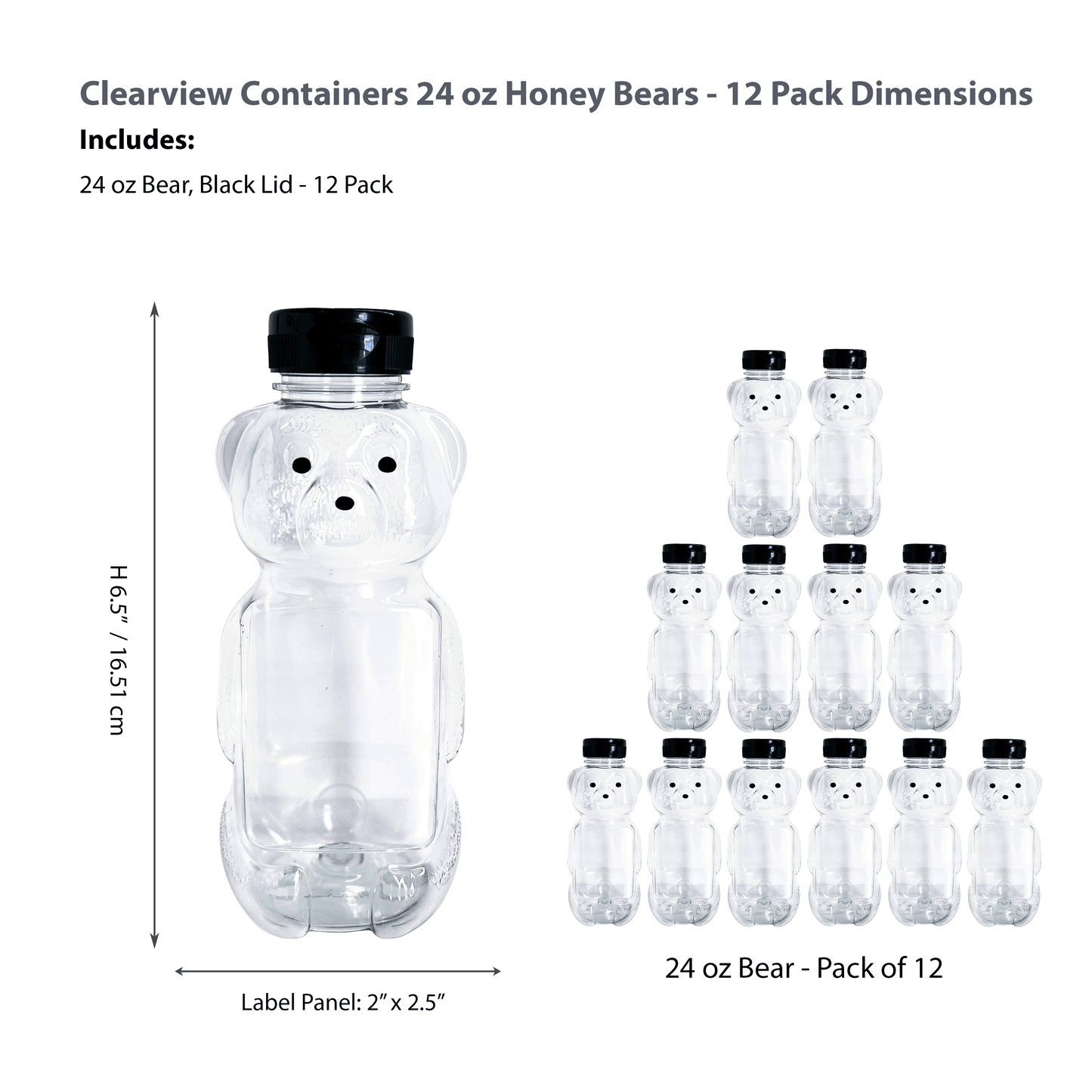 Clearview Containers - 12 Pack of 24 Ounce Honey Bears with Sealable Black Flip Top Lids (24 oz. Bear, 12pk, Black)