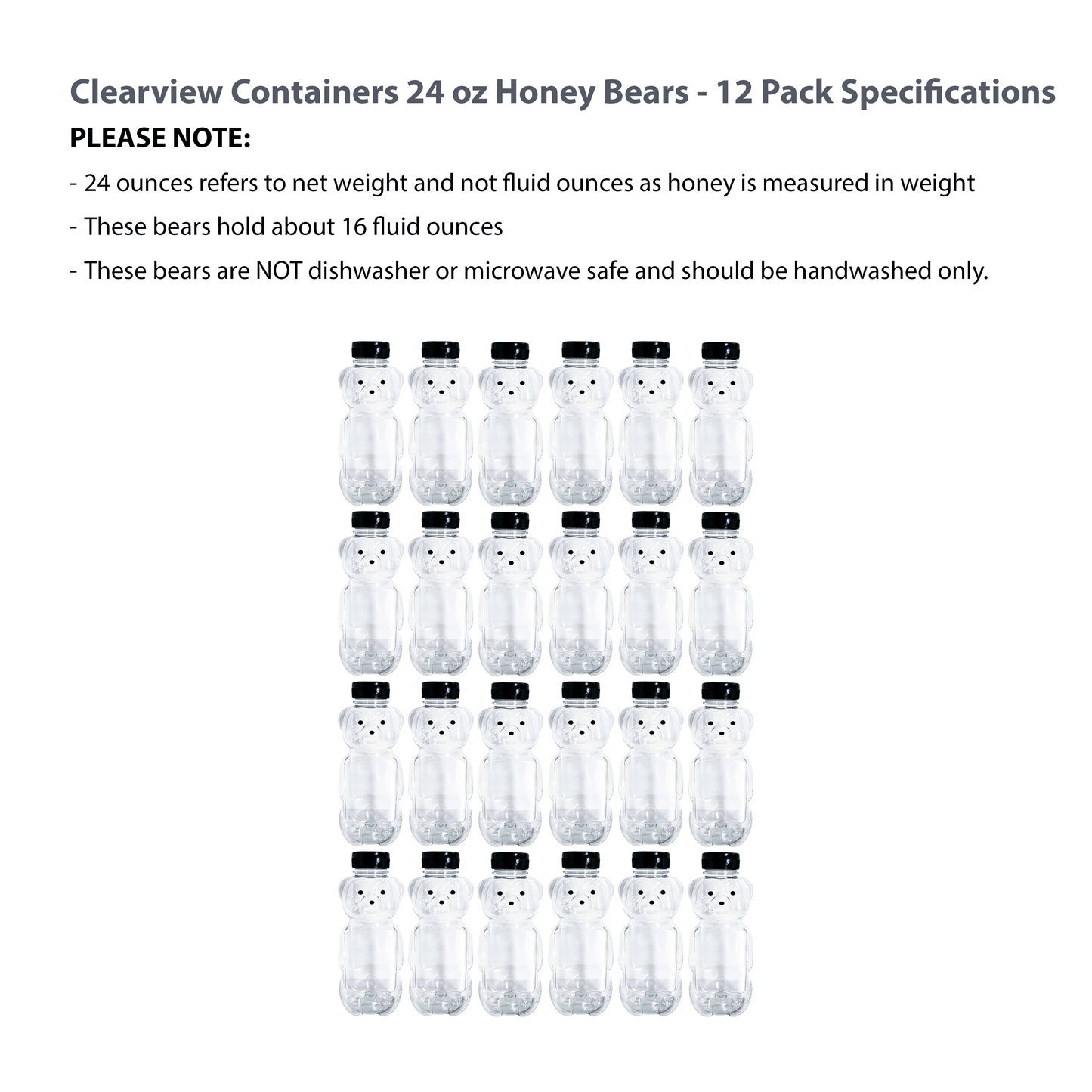Clearview Containers - 12 Pack of 24 Ounce Honey Bears with Sealable Black Flip Top Lids (24 oz. Bear, 12pk, Black)