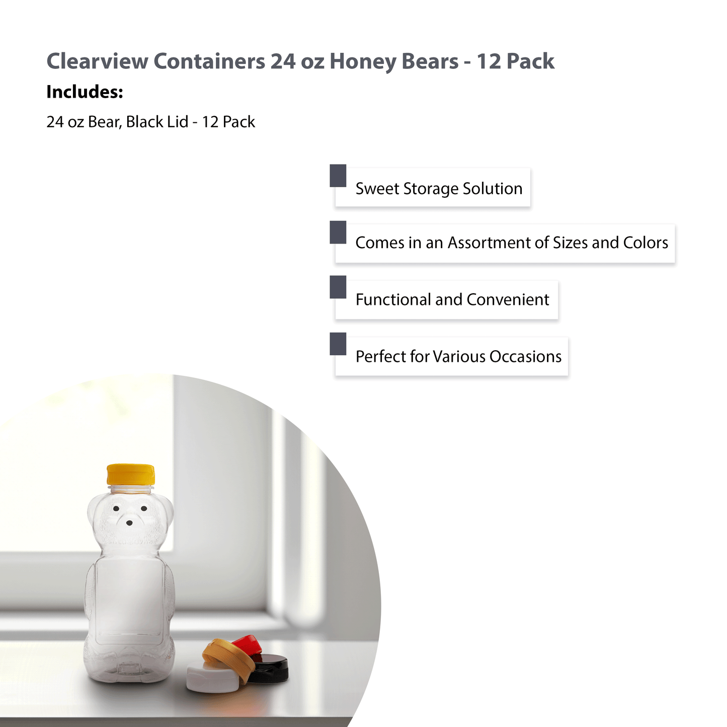 Clearview Containers - 12 Pack of 24 Ounce Honey Bears with Sealable Black Flip Top Lids (24 oz. Bear, 12pk, Black)