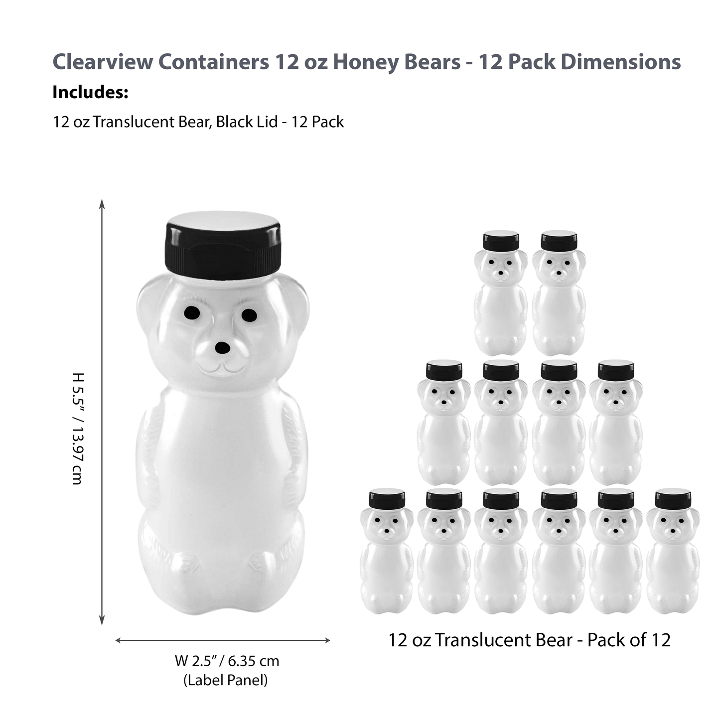 Clearview Containers - 12 Pack of 12 Ounce Cloudy Honey Bears with Sealable Black Flip Top Lids (12 oz. Cloudy Bear, 12pk, Black)