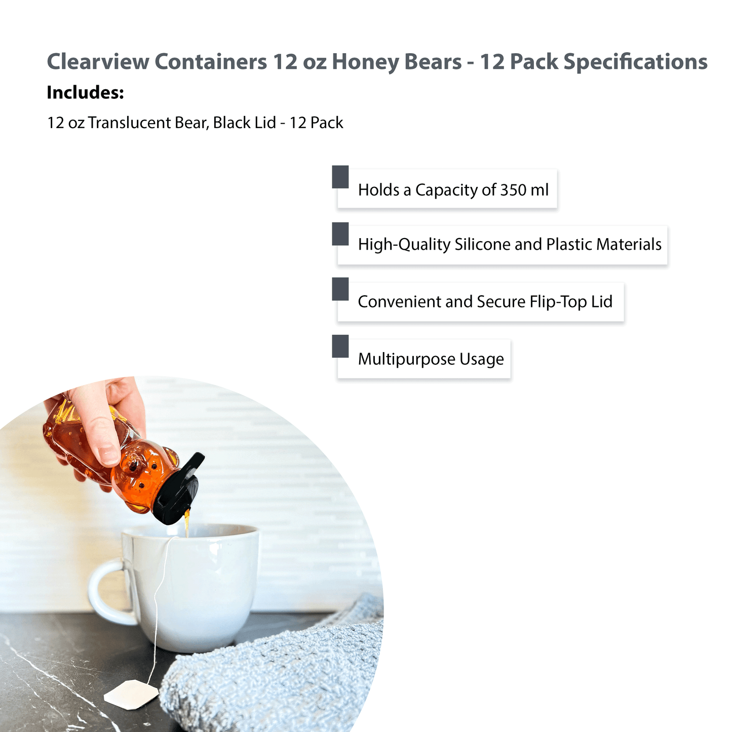 Clearview Containers - 12 Pack of 12 Ounce Cloudy Honey Bears with Sealable Black Flip Top Lids (12 oz. Cloudy Bear, 12pk, Black)