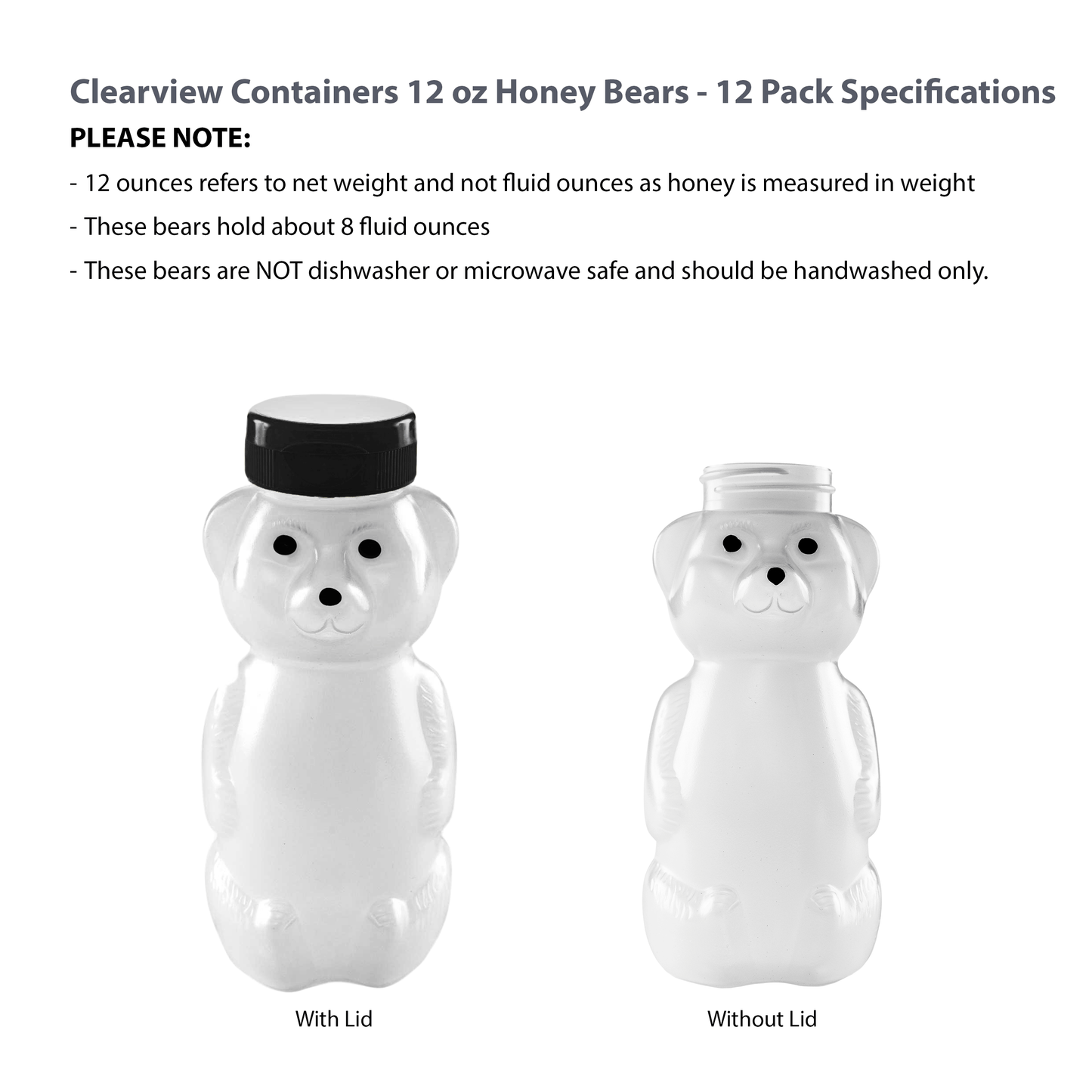 Clearview Containers - 12 Pack of 12 Ounce Cloudy Honey Bears with Sealable Black Flip Top Lids (12 oz. Cloudy Bear, 12pk, Black)