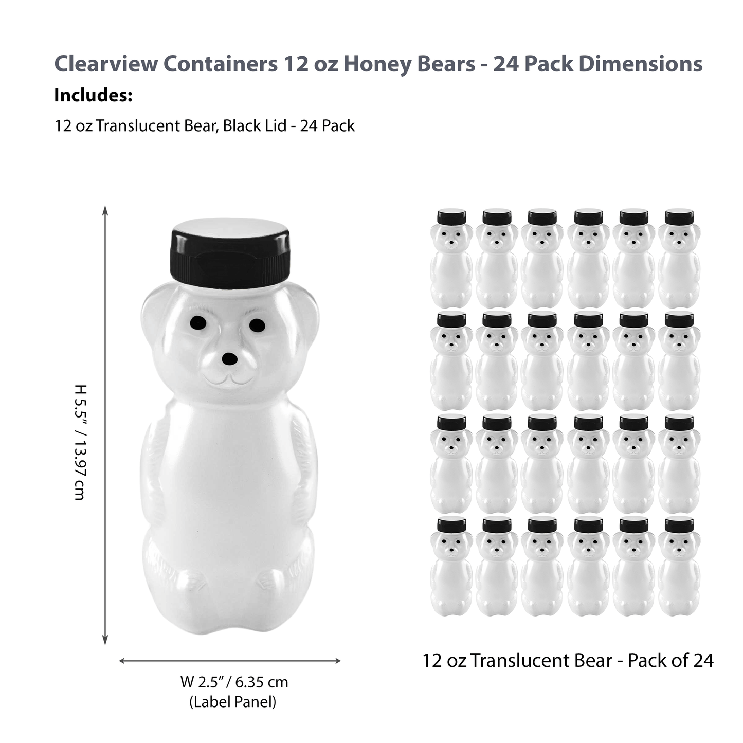 Clearview Containers - 24 Pack of 12 Ounce Cloudy Honey Bears with Sealable Black Flip Top Lids (12 oz. Cloudy Bear, 24pk, Black)