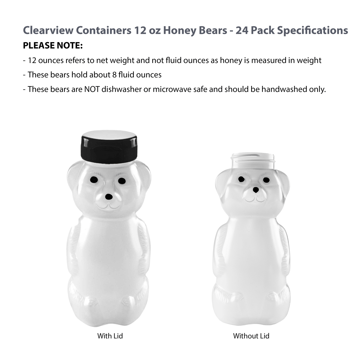 Clearview Containers - 24 Pack of 12 Ounce Cloudy Honey Bears with Sealable Black Flip Top Lids (12 oz. Cloudy Bear, 24pk, Black)
