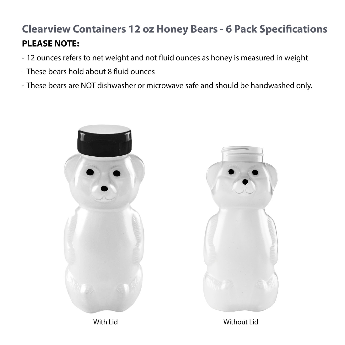 Clearview Containers - 6 Pack of 12 Ounce Cloudy Honey Bears with Sealable Black Flip Top Lids (12 oz. Cloudy Bear, 6pk, Black)