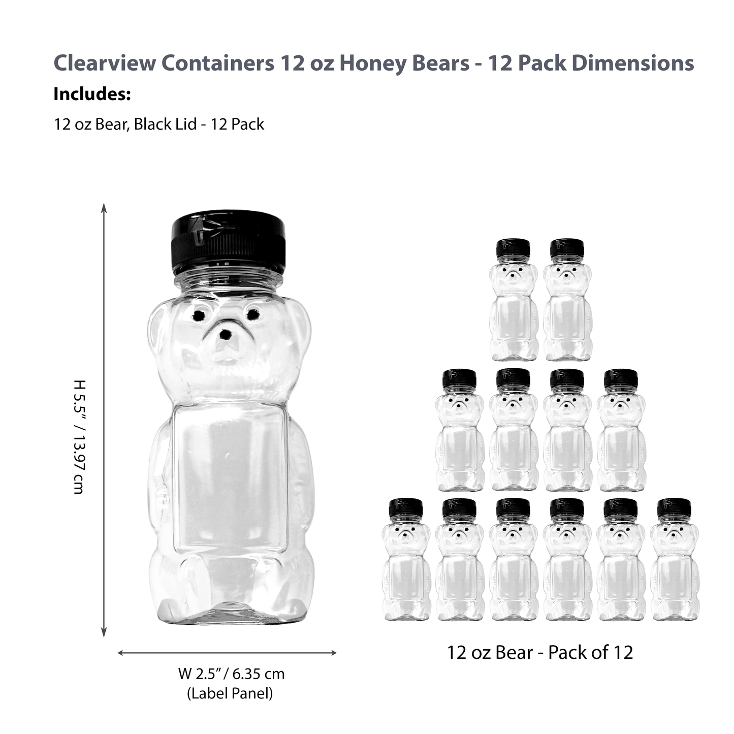 Clearview Containers - 12 Pack of 12 Ounce Clear Honey Bears with Sealable Black Flip Top Lids (12 oz. Clear Bear, 12pk, Black)