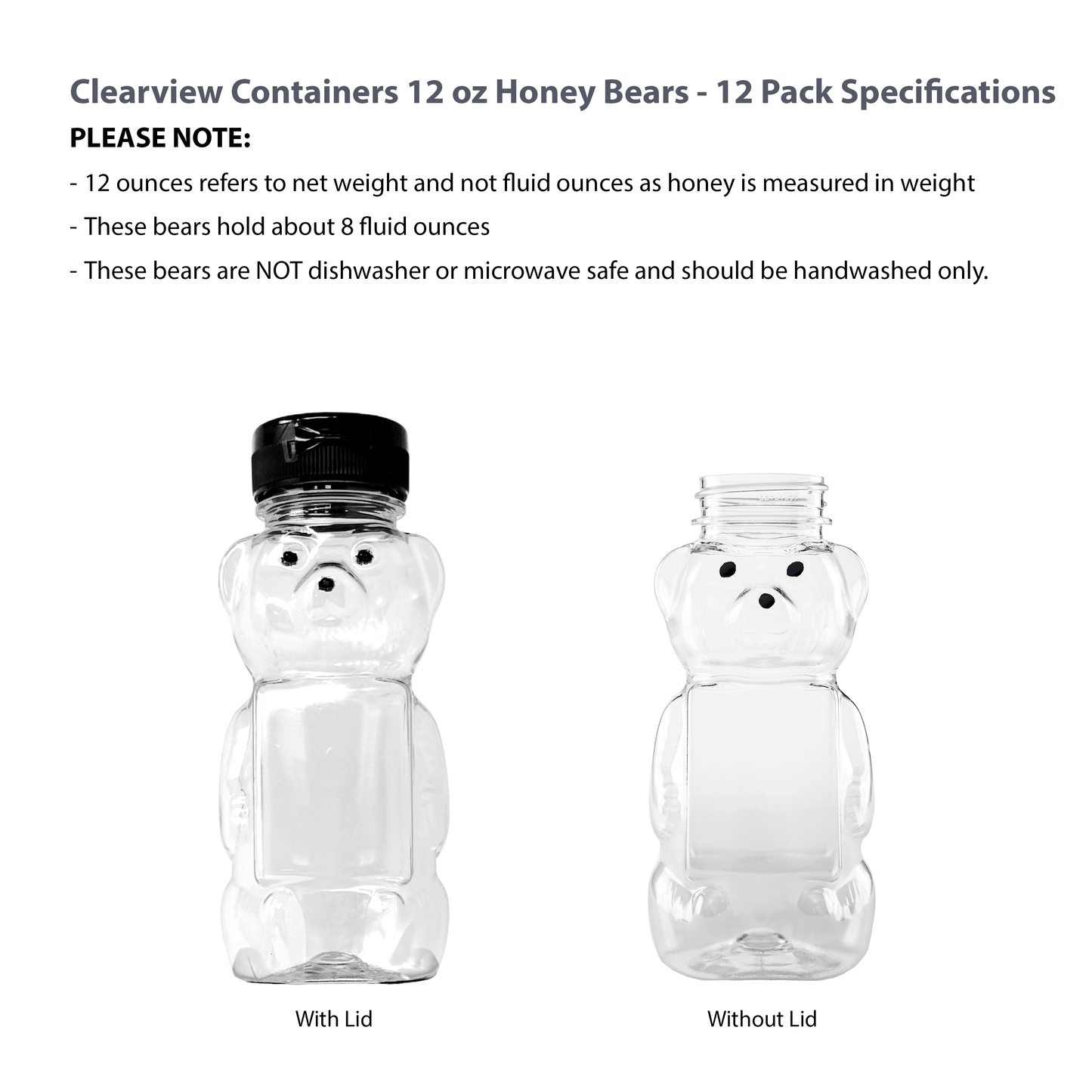 Clearview Containers - 12 Pack of 12 Ounce Clear Honey Bears with Sealable Black Flip Top Lids (12 oz. Clear Bear, 12pk, Black)