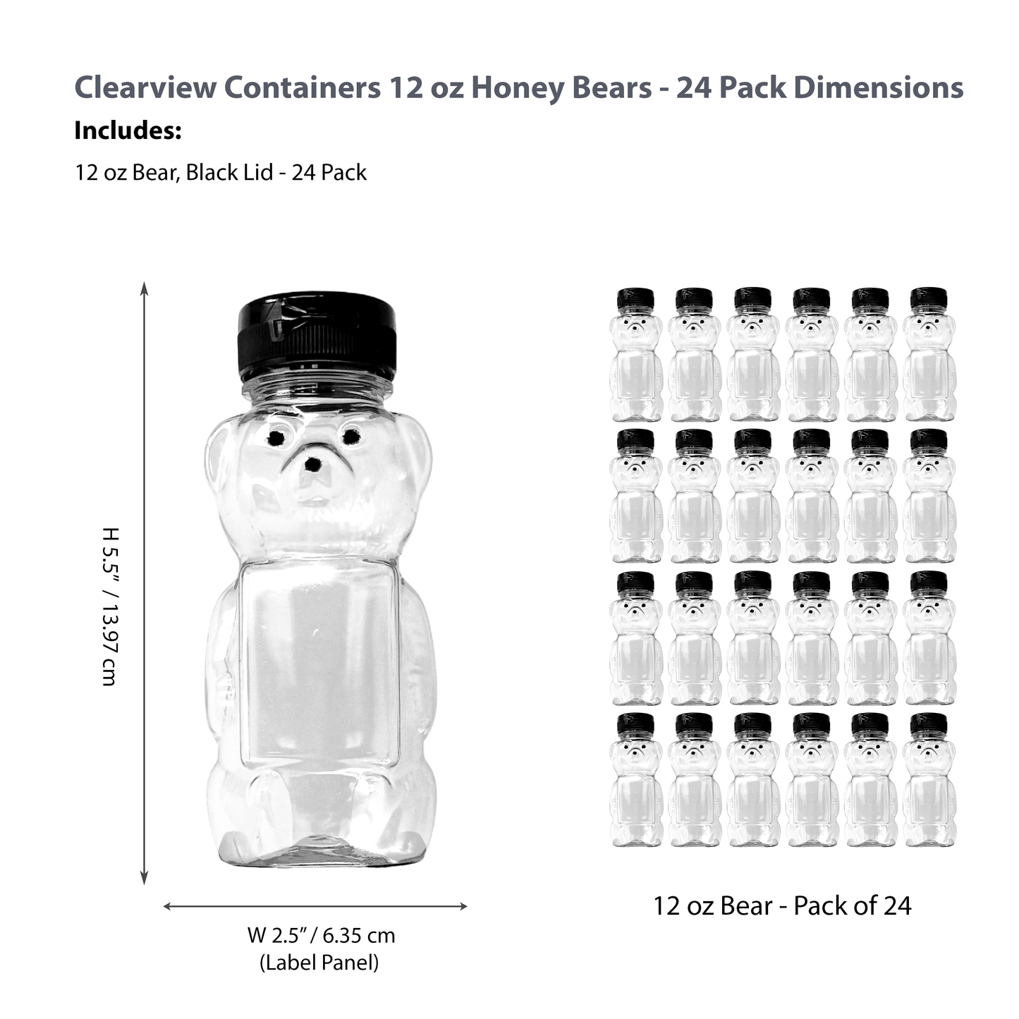 Clearview Containers - 24 Pack of 12 Ounce Clear Honey Bears with Sealable Black Flip Top Lids (12 oz. Clear Bear, 24pk, Black)