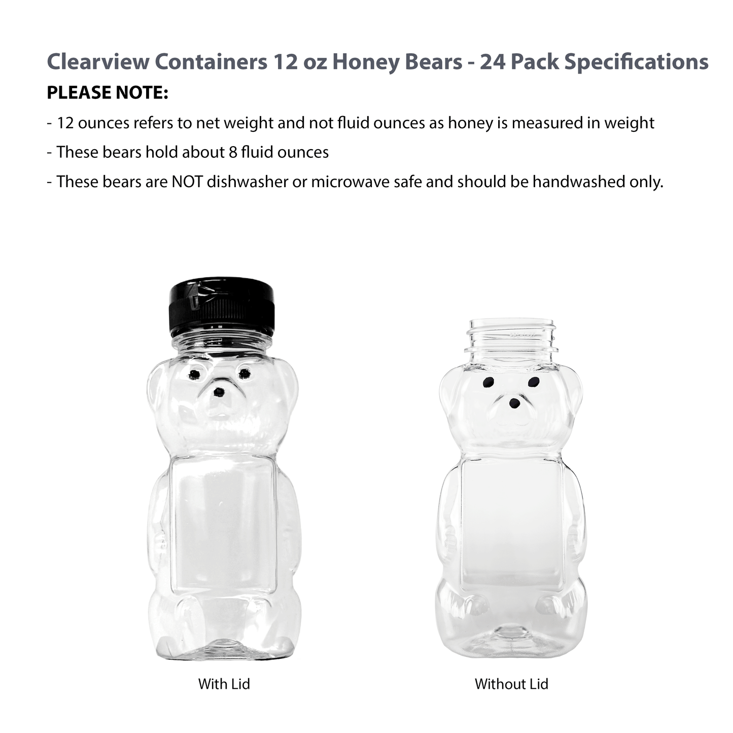 Clearview Containers - 24 Pack of 12 Ounce Clear Honey Bears with Sealable Black Flip Top Lids (12 oz. Clear Bear, 24pk, Black)