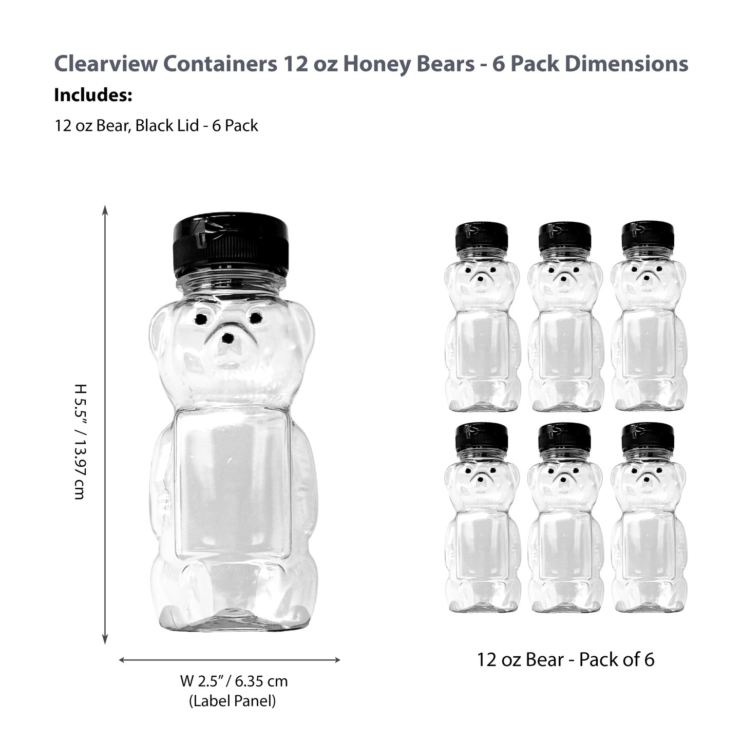 Clearview Containers - 6 Pack of 12 Ounce Clear Honey Bears with Sealable Black Flip Top Lids (12 oz. Clear Bear, 6pk, Black)